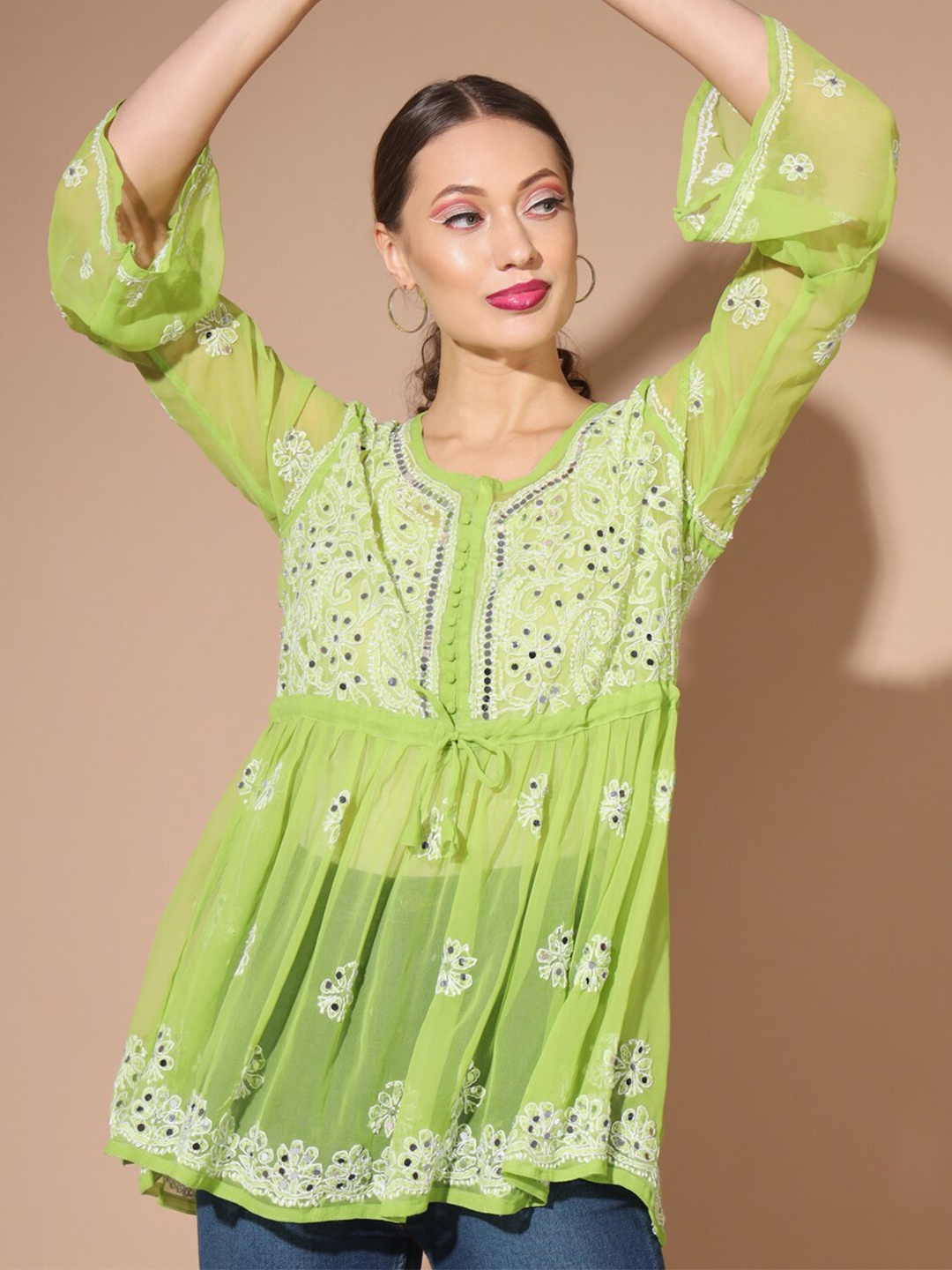 

BUY NEW TREND Green & White Floral Embroidered Kurti