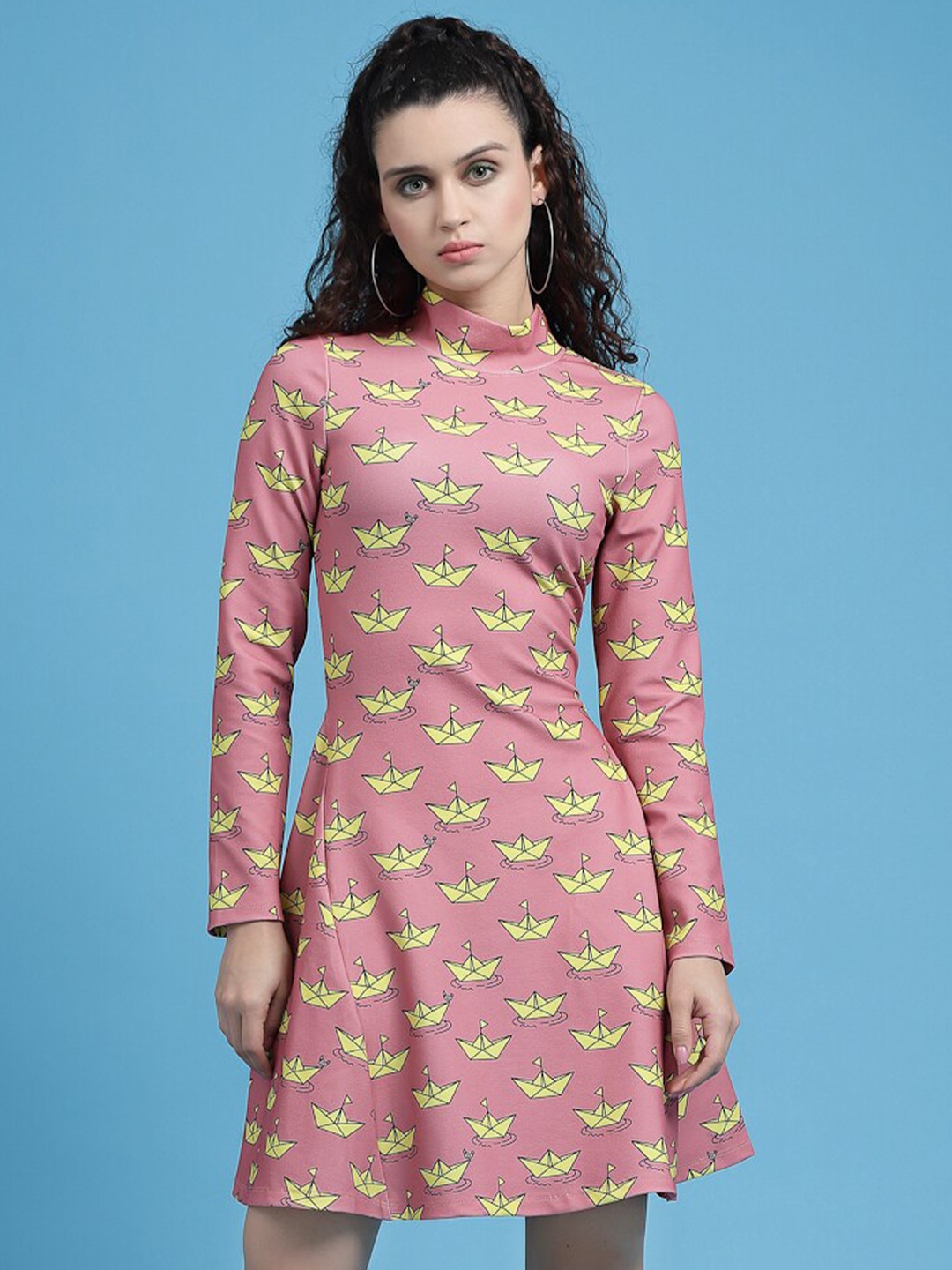 

KASSUALLY Conversational Printed Mock Neck A-Line Dress, Pink