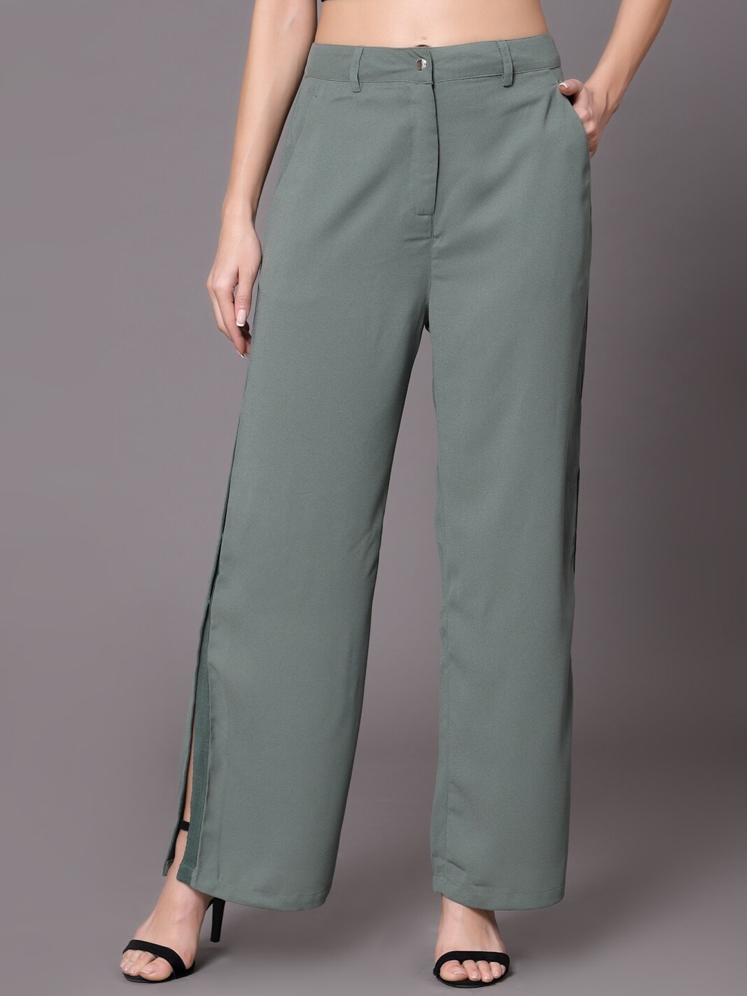 

KASSUALLY Women Side Slit Flared Fit High-Rise Trousers, Green