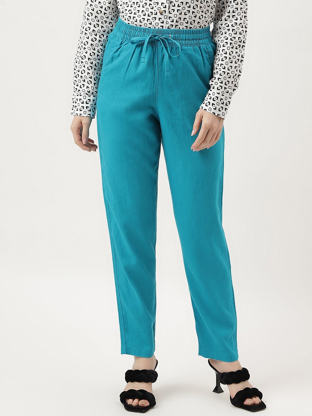 

Marks & Spencer Women Linen Tapered Fit High-Rise Trousers, Turquoise blue