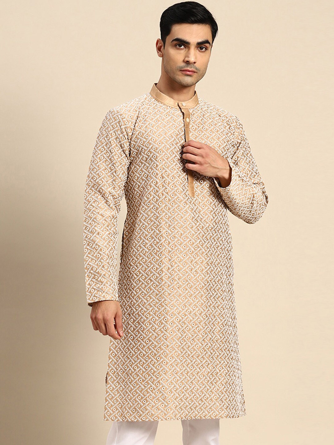 

Anouk Geometric Embroidered Dupion Silk Kurta, Beige