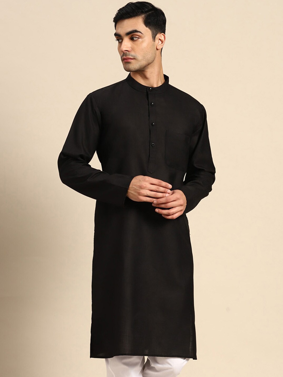 

Anouk Band Collar Straight Pure Cotton Kurta, Black