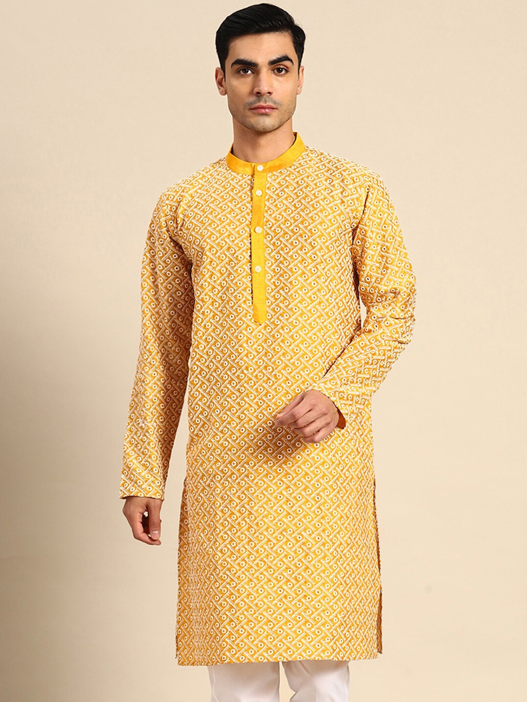 

Anouk Geometric Embroidered Dupion Silk Kurta, Mustard