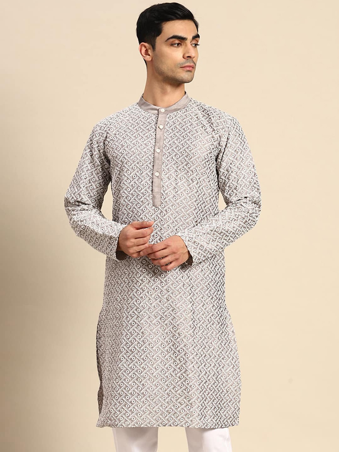 

Anouk Ethnic Motifs Embroidered Band Collar Dupion Silk Kurta, Grey