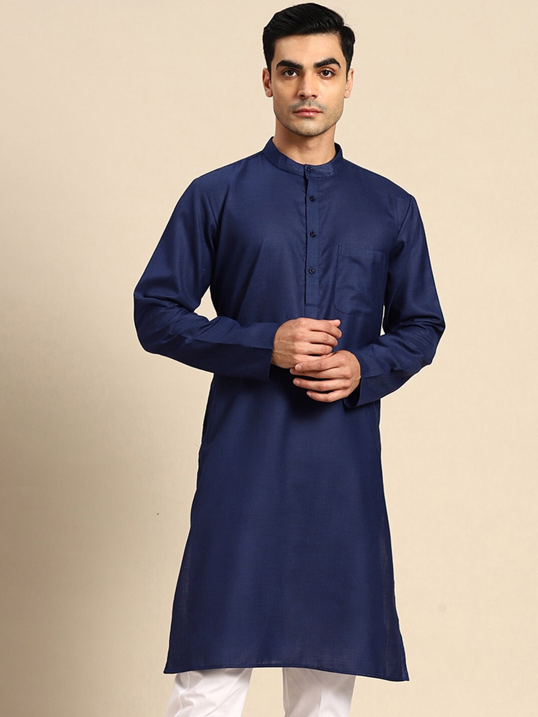 

Anouk Mandarin Collar Straight Pure Cotton Kurta, Navy blue