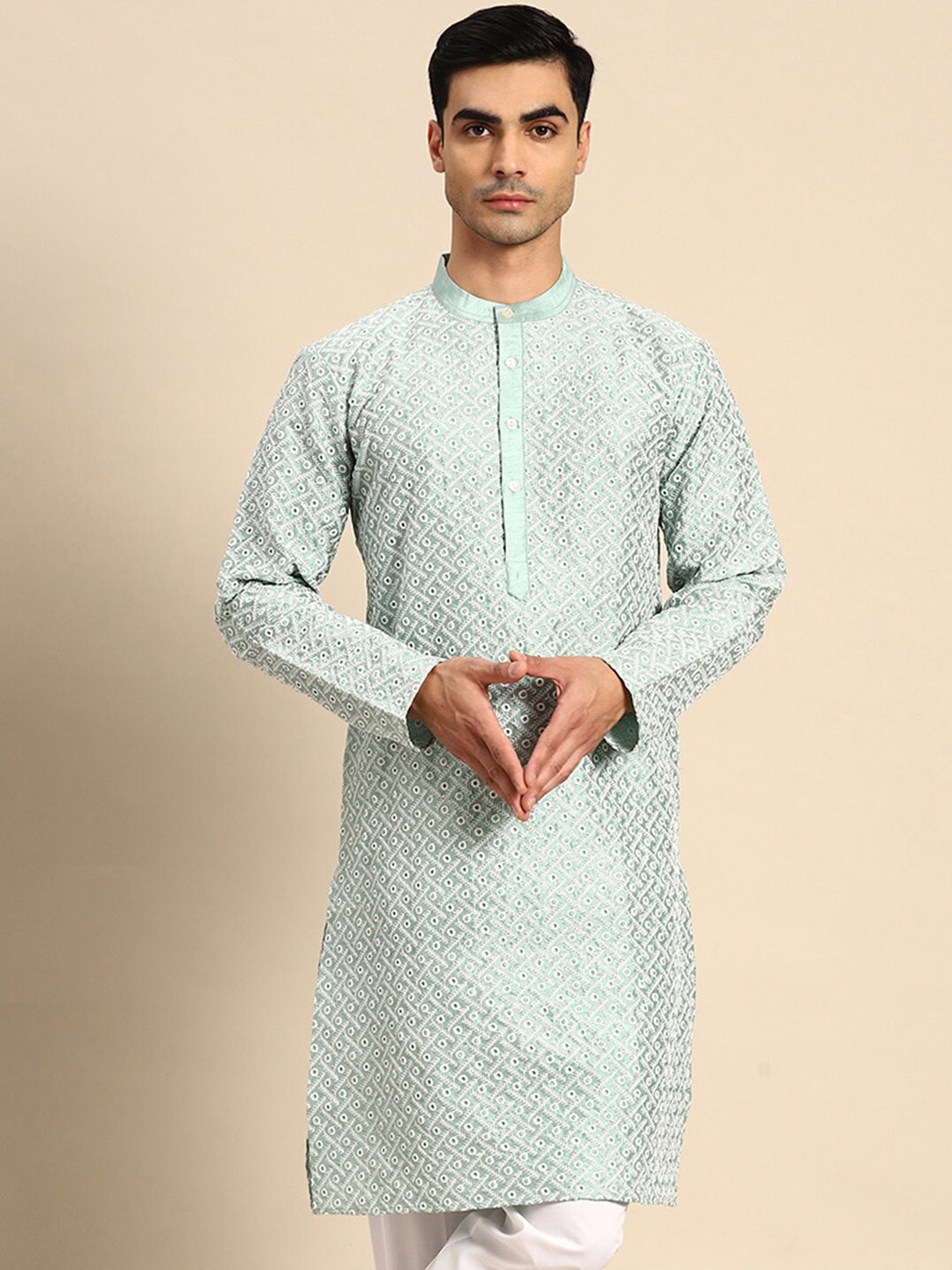 

Anouk Ethnic Motifs Embroidered Mandarin Collar Kurta, Blue