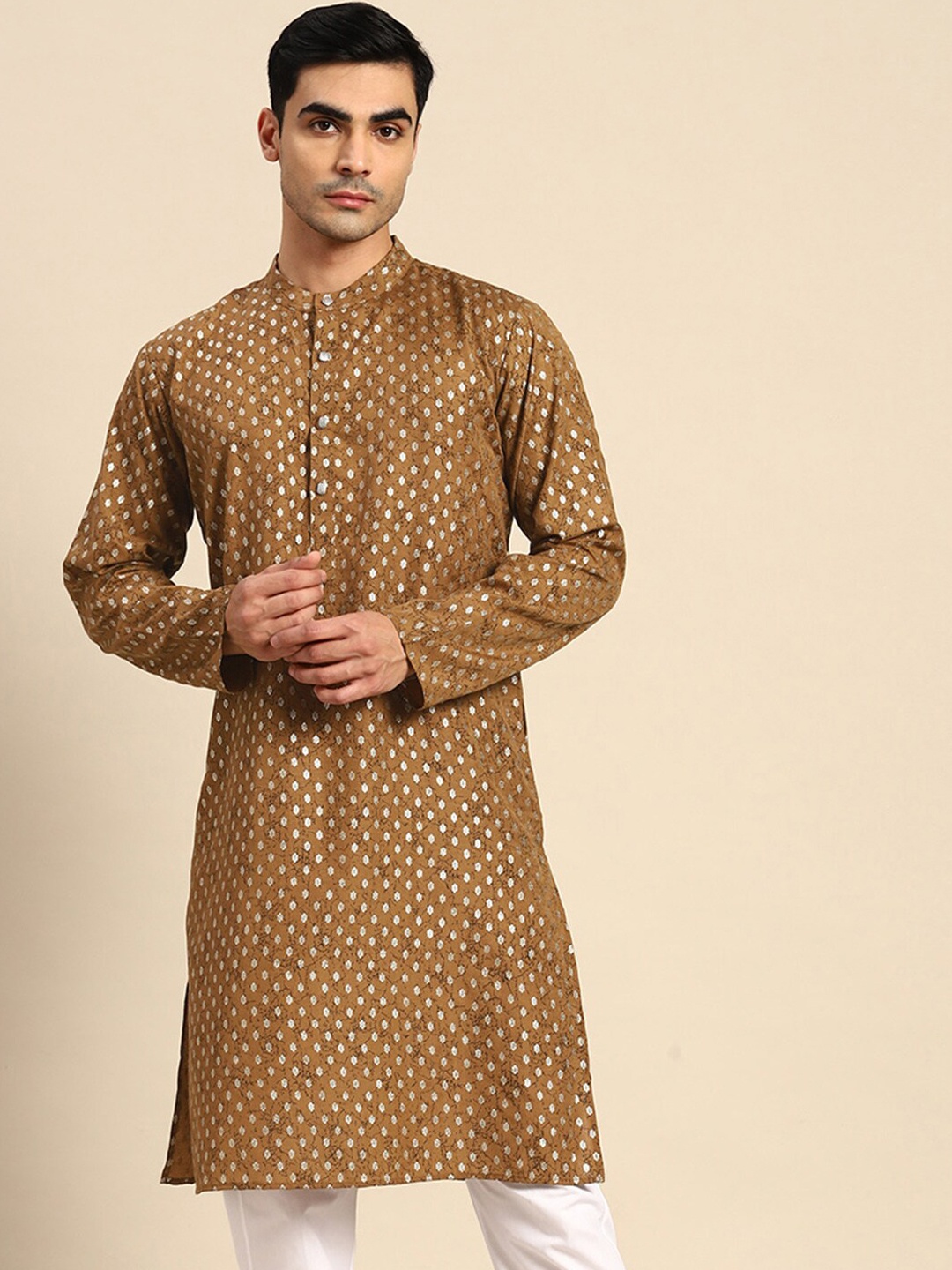 

Anouk Ethnic Motifs Woven Design Mandarin Collar Kurta, Brown