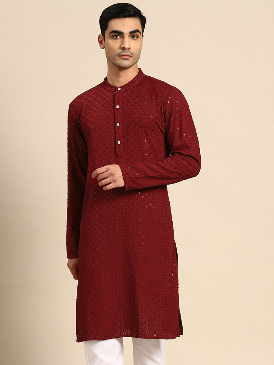 

Anouk Ethnic Motifs Embroidered Sequined Mandarin Collar Pure Cotton Kurta, Maroon