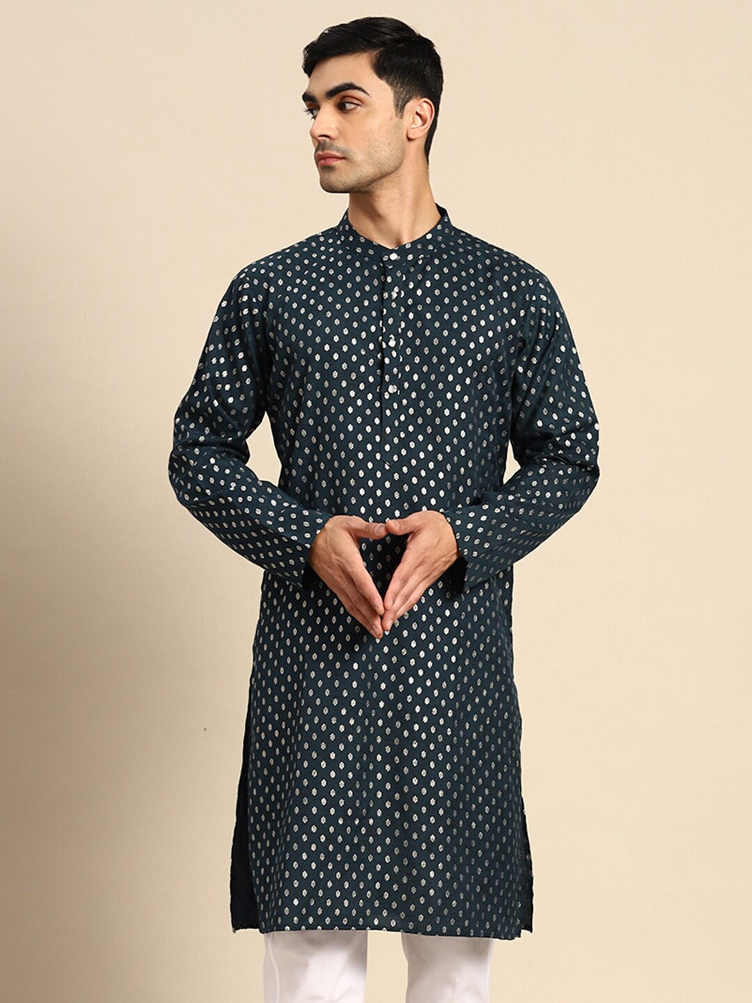 

Anouk Men Teal Geometric Flared Sleeves Kurta