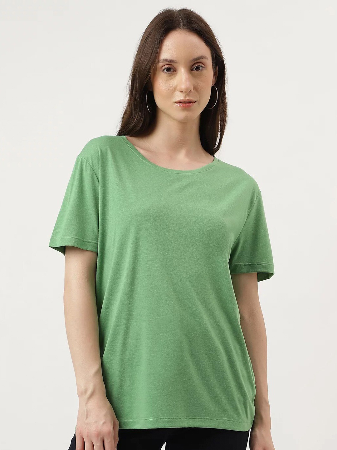 

Marks & Spencer Round Neck Drop-Shoulder Sleeves T-Shirt, Green