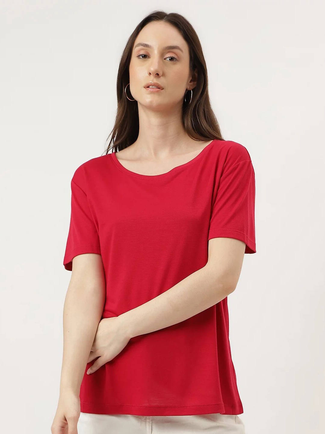 

Marks & Spencer Round Neck Drop-Shoulder Sleeves T-Shirt, Red