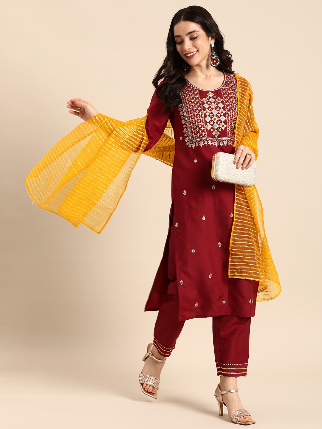 

Sangria Women Ethnic Motifs Embroidered Regular Kurta with Trousers & With Dupatta, Red