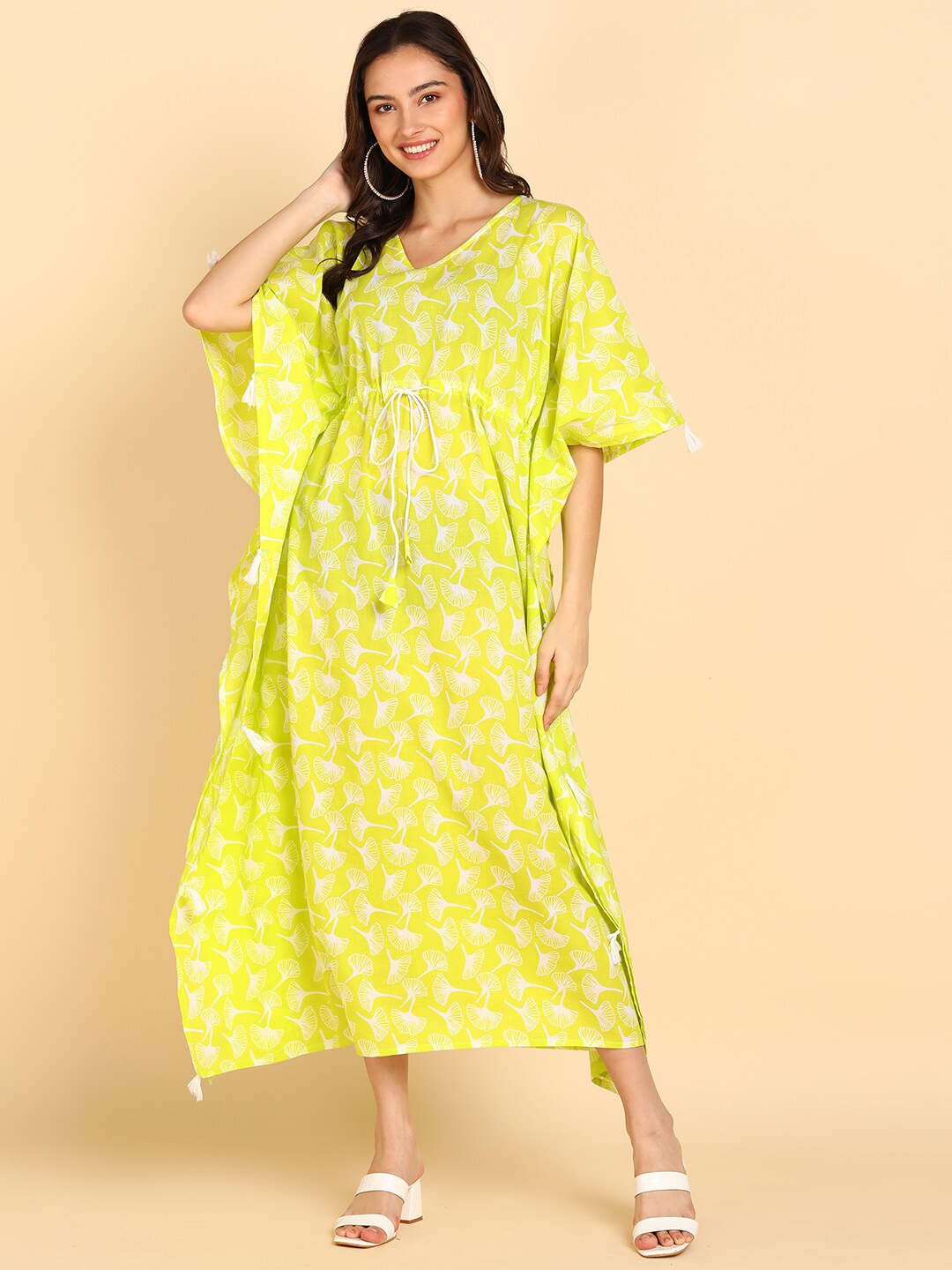 

BLOCKS OF INDIA Floral Printed Kimono Sleeves Tie Up Pure Cotton Kaftan Dress, Lime green