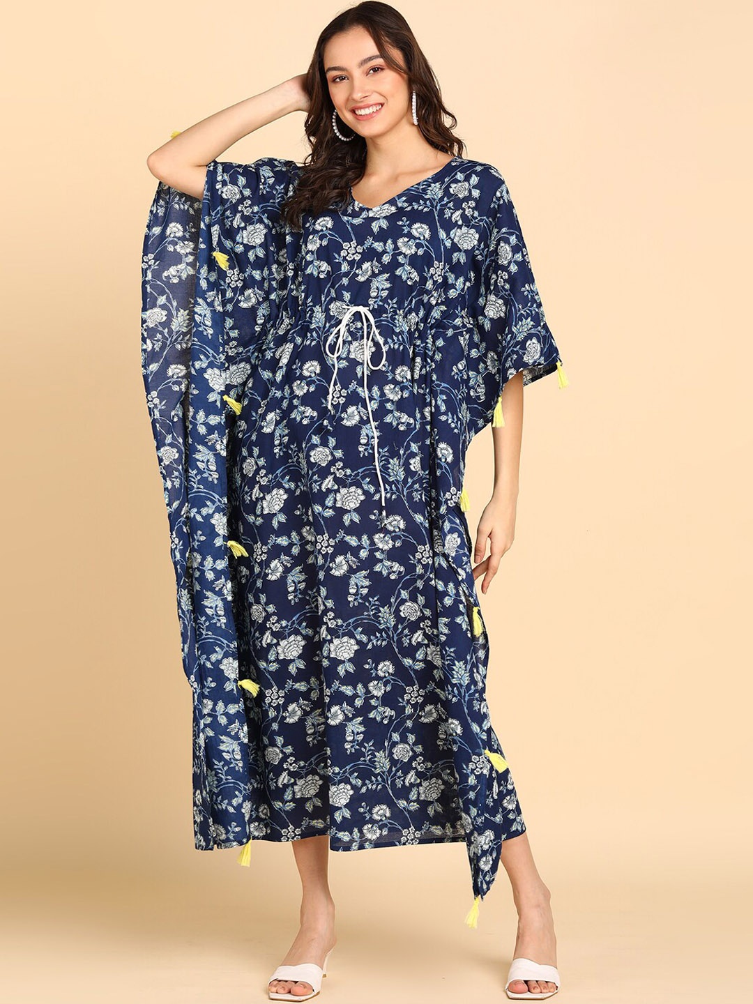 

BLOCKS OF INDIA Floral Printed Kimono Sleeves Tie Up Pure Cotton Kaftan Dress, Blue