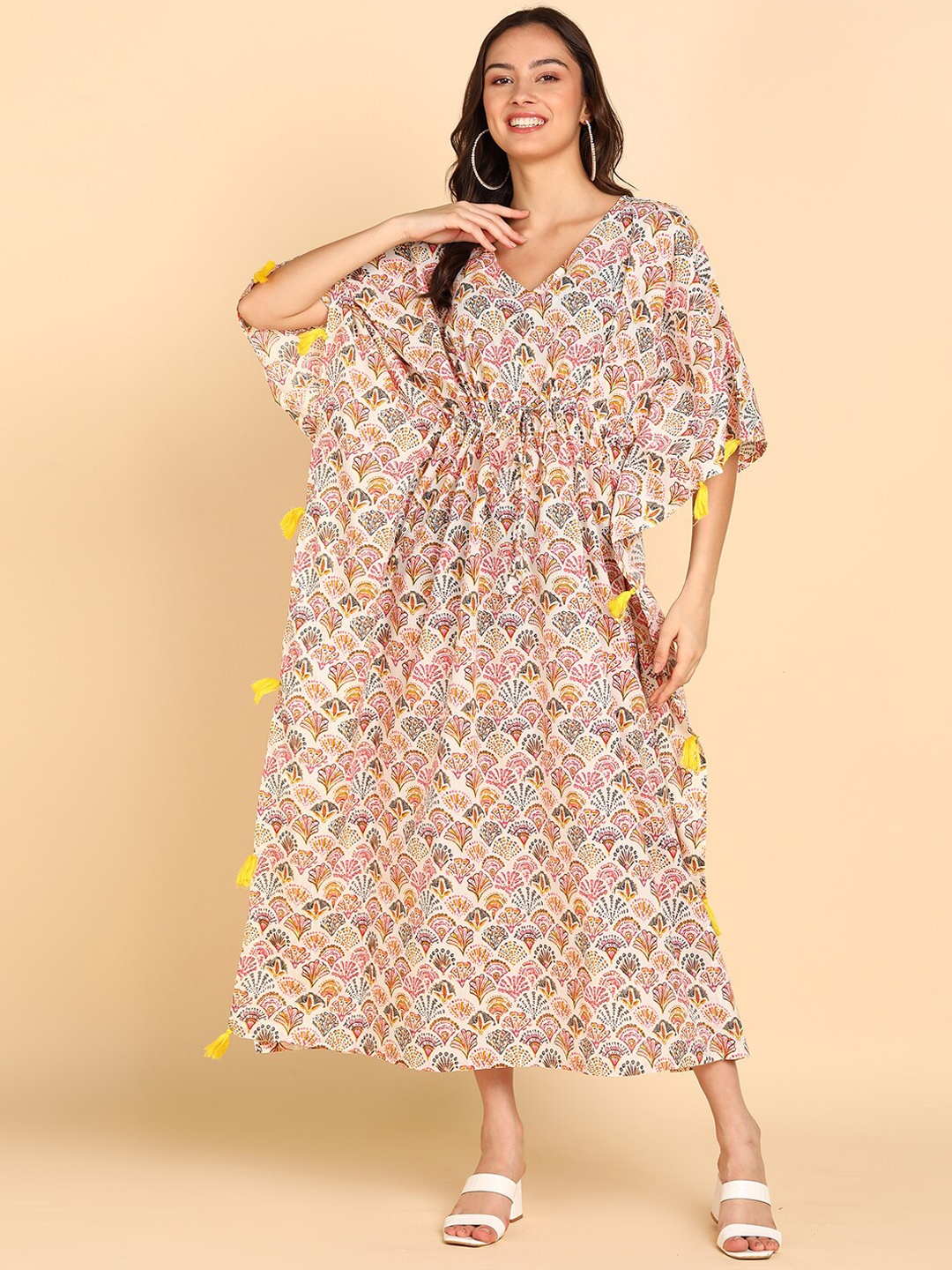 

BLOCKS OF INDIA Ethnic Motif Printed Kimono Sleeves Tie Up Pure Cotton Kaftan Dress, White