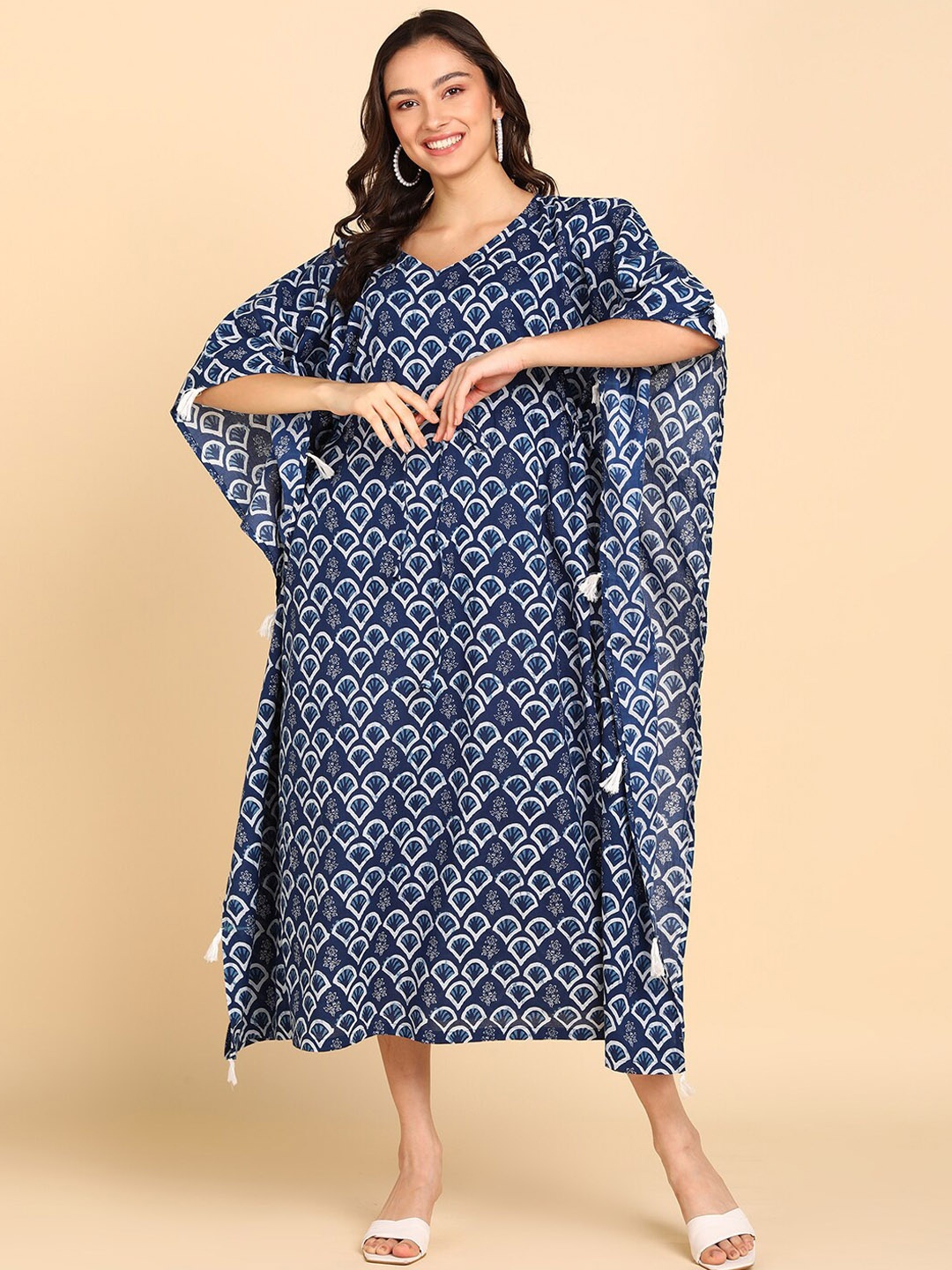 

BLOCKS OF INDIA Ethnic Motifs Printed Cotton Kaftan Dress, Blue