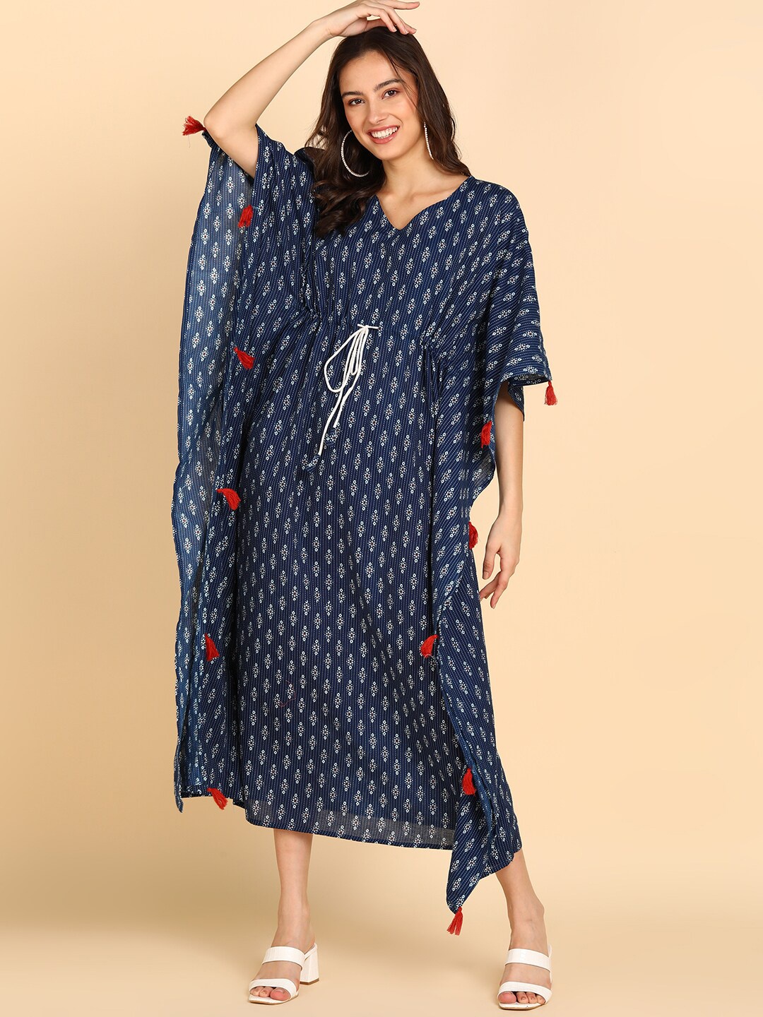 

BLOCKS OF INDIA Ethnic Motif Printed Kimono Sleeves Tie Up Pure Cotton Kaftan Dress, Blue