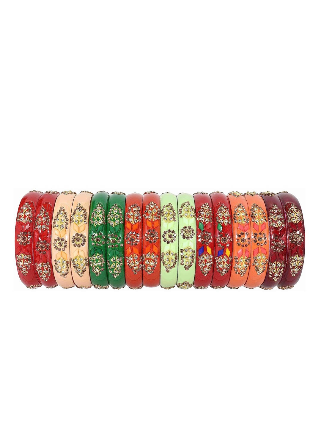 

NMII Set Of 16 Zircon Studded Glossy Finished Kada Bangles, Red
