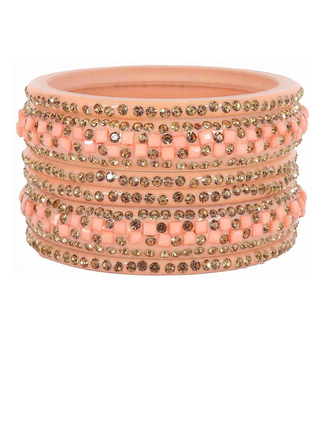 

NMII Set Of 6 Zircon Studded Glossy Acrylic Finished Bangles, Peach