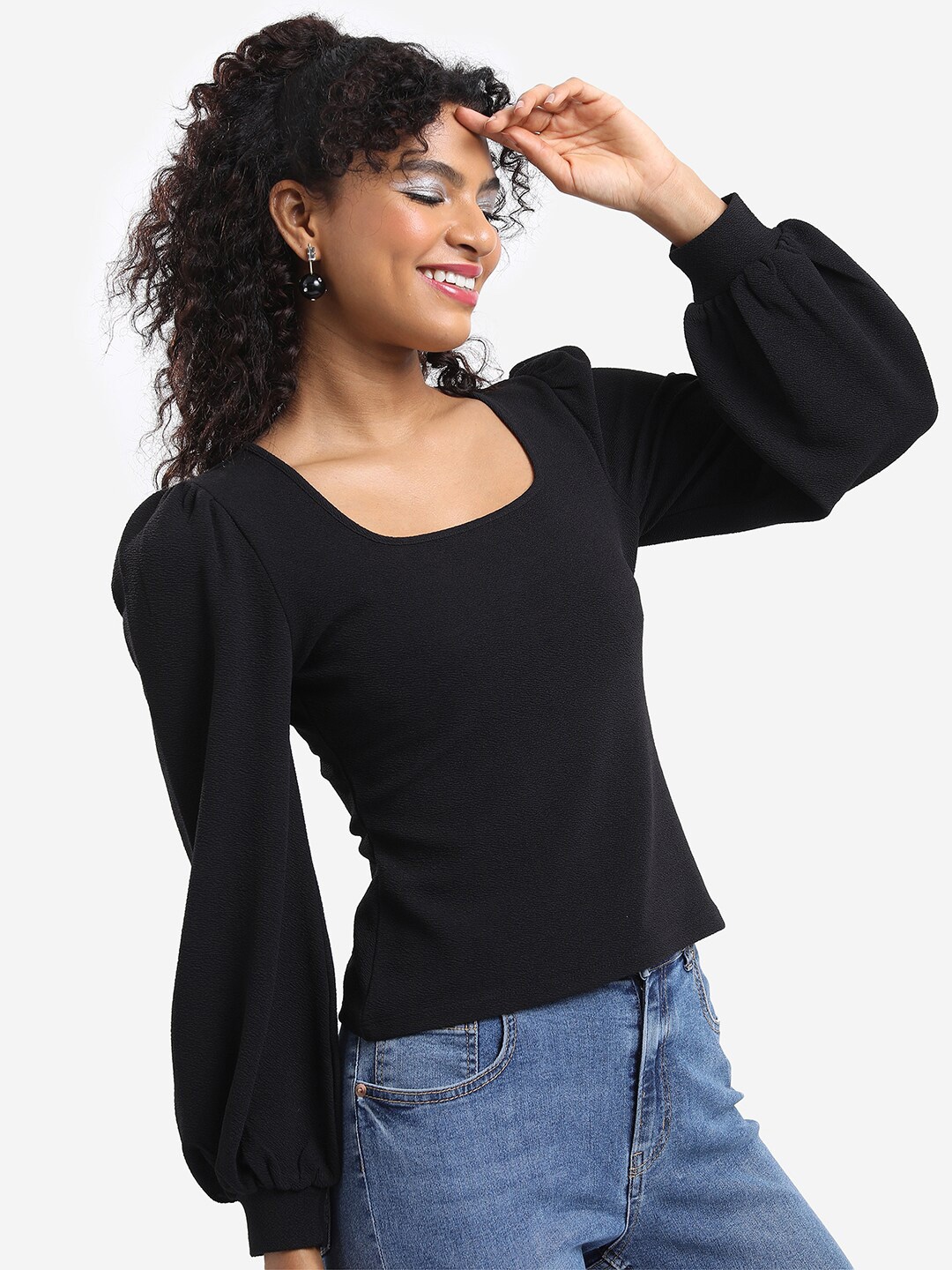 

KETCH Scoop Neck Puff Sleeves Top, Black