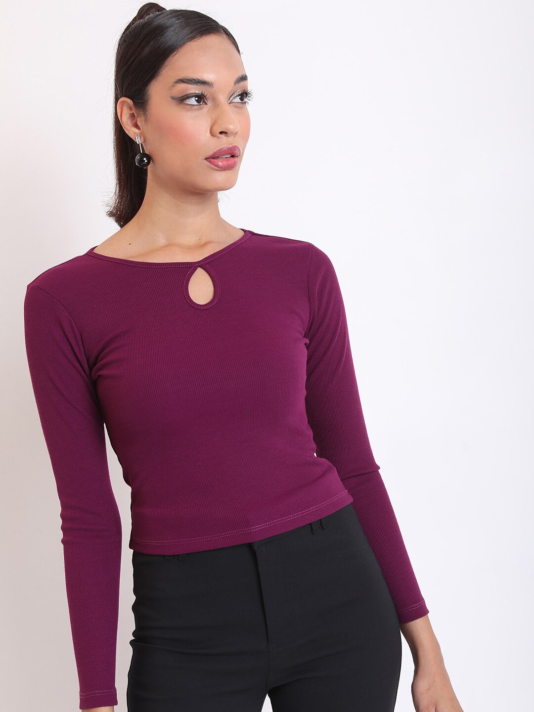

KETCH Keyhole Neck Long Sleeves Fitted Regular Top, Purple