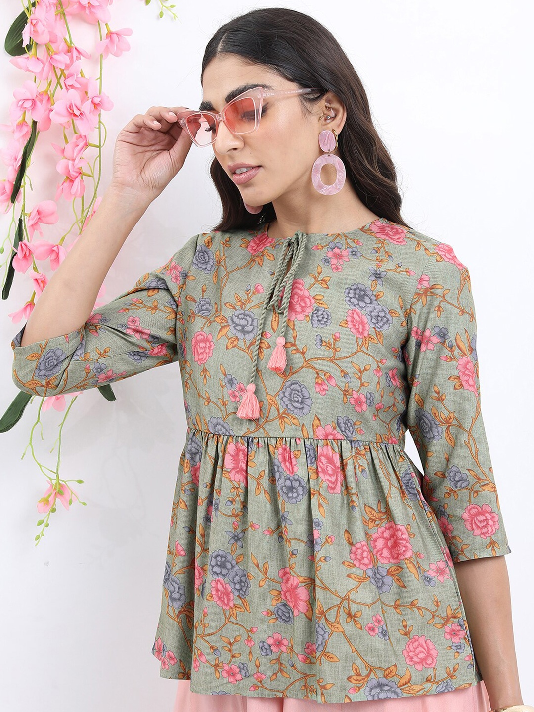 

KETCH Floral Printed Tie-Up Neck Peplum Top, Green