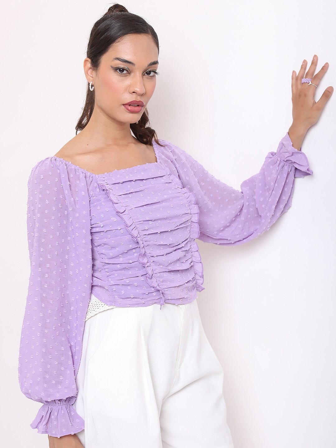 

KETCH Self Design Square Neck Puff Sleeves Gathered Regular Top, Purple