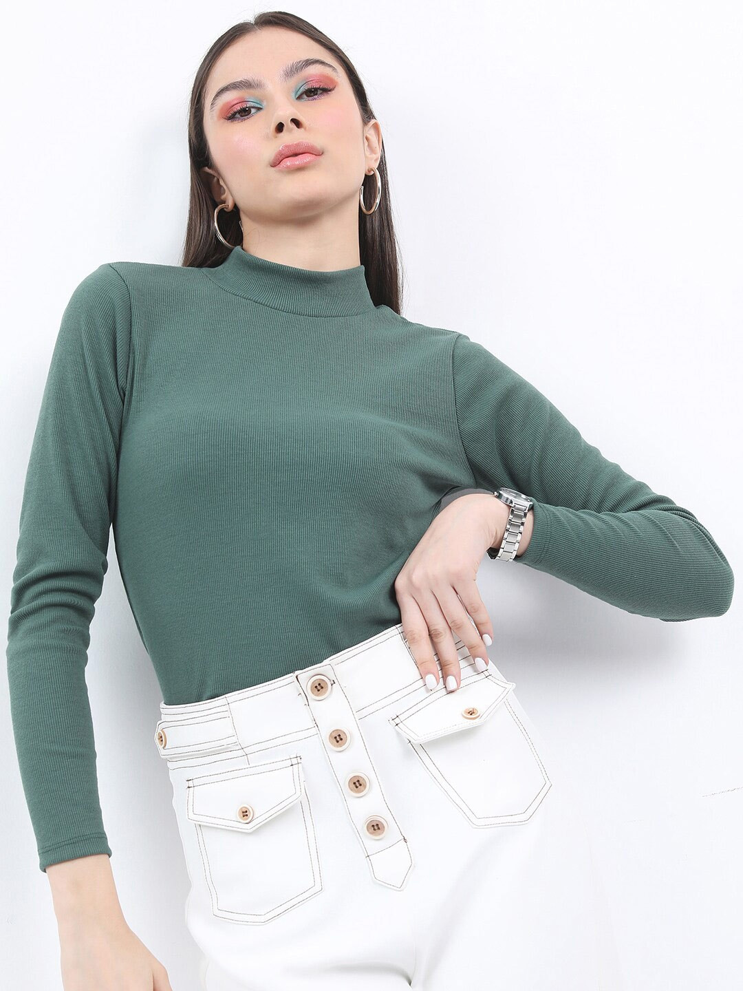 

KETCH High Neck Long Sleeves Knitted Top, Green