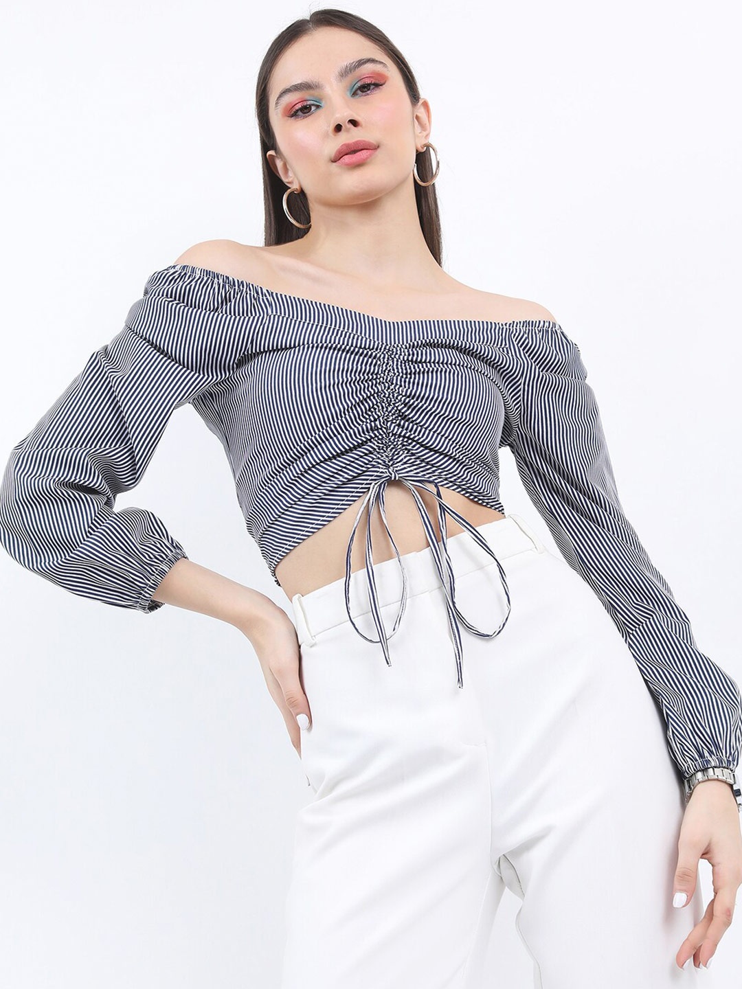 

KETCH Vertical Striped Off-Shoulder Puff Sleeves Ruched Bardot Crop Top, Blue