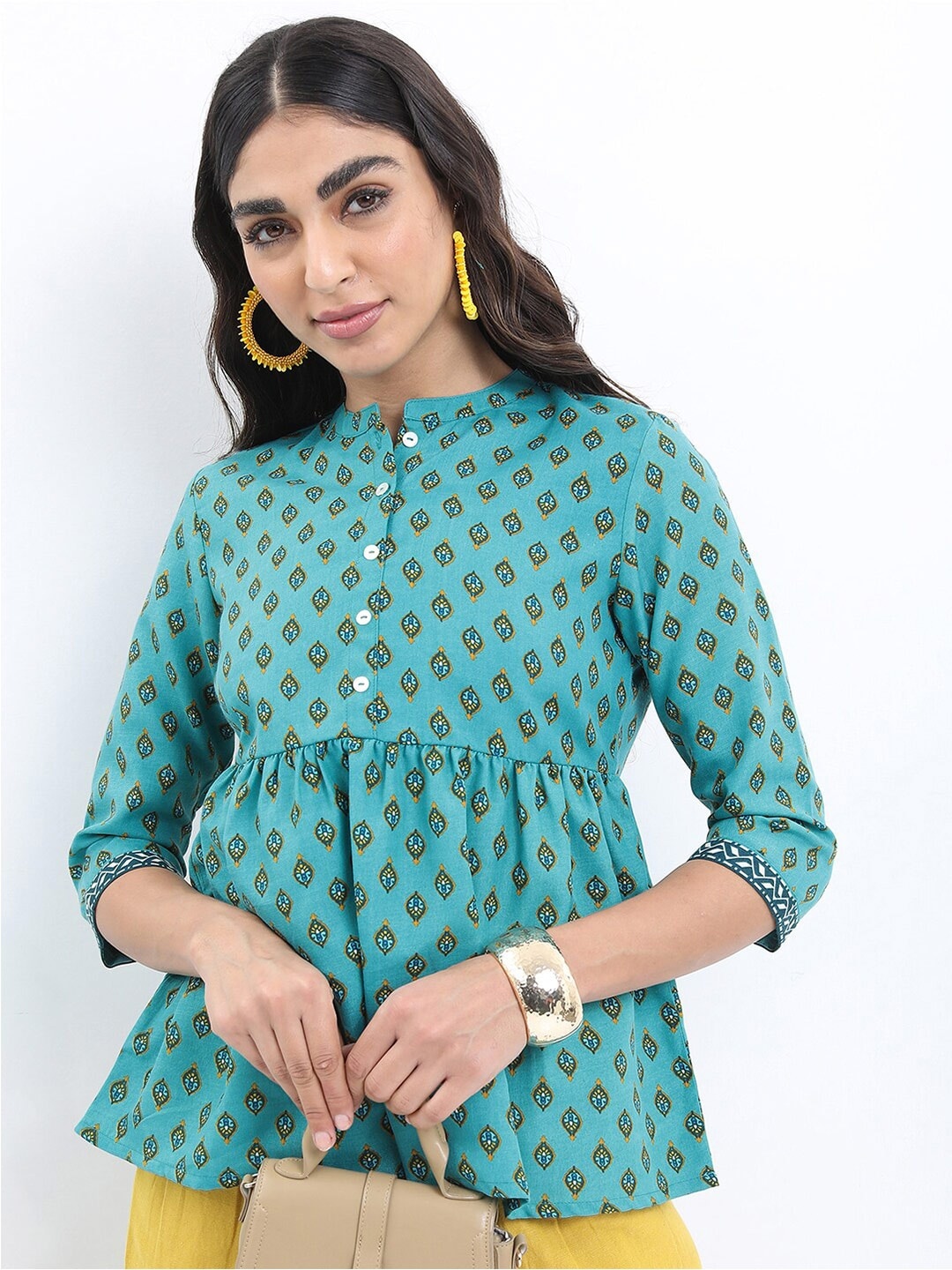 

KETCH Ethnic Motifs Printed Mandarin Collar Empire Top, Teal