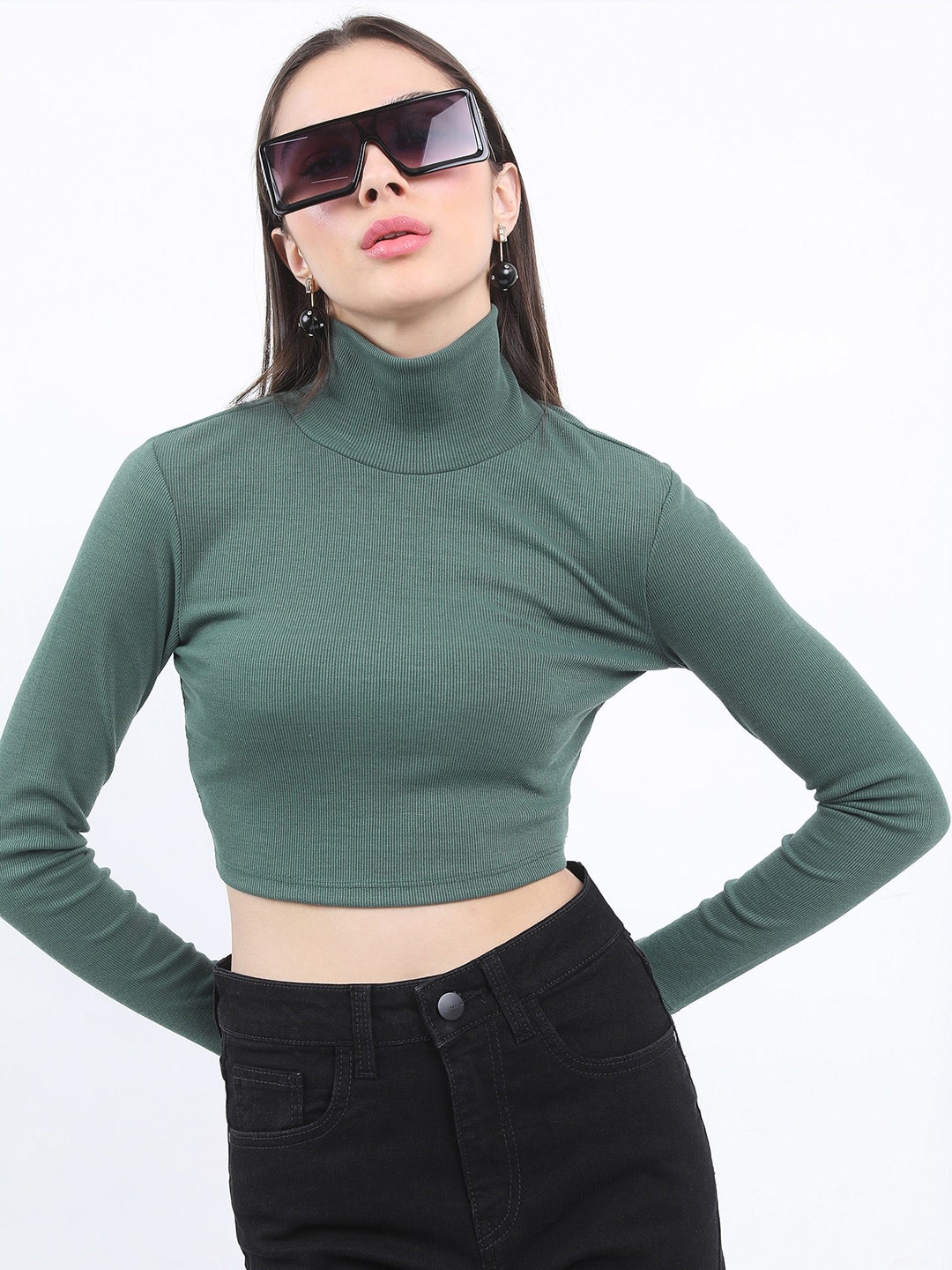 

KETCH High Neck Long Sleeves Fitted Crop Top, Green