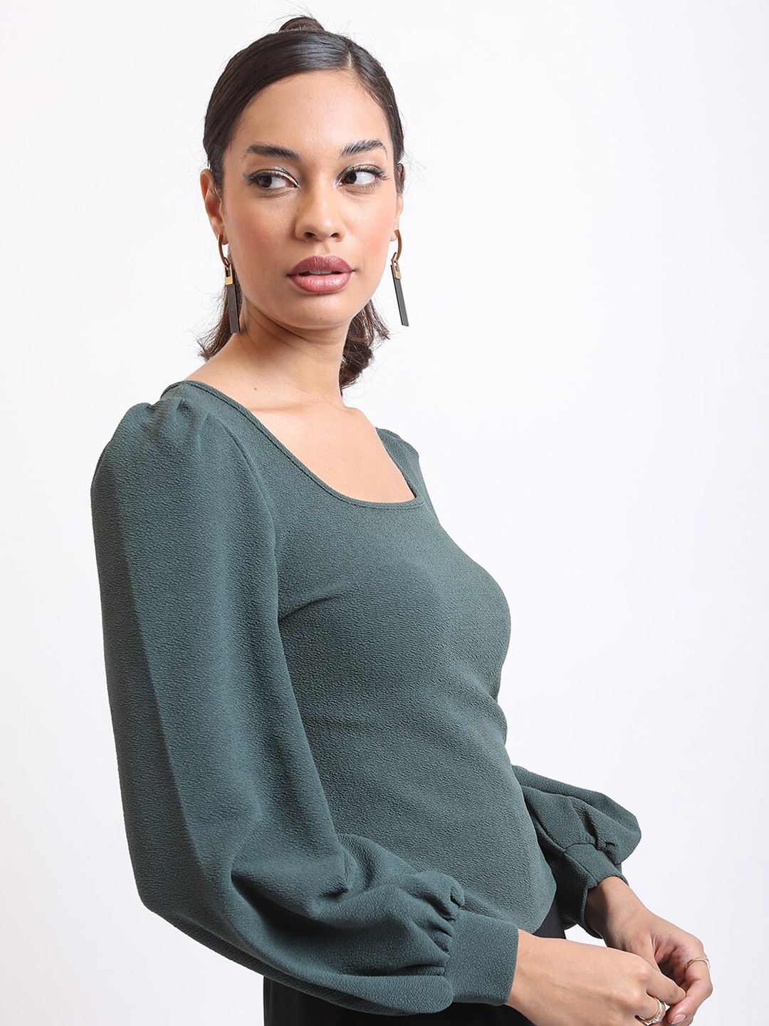 

KETCH Square Neck Puff Sleeves Regular Top, Green