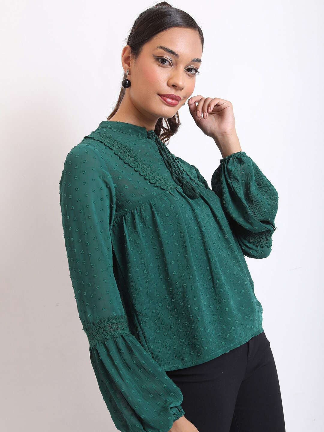 

KETCH Self Design Tie-Up Neck Bishop Sleeve Top, Green