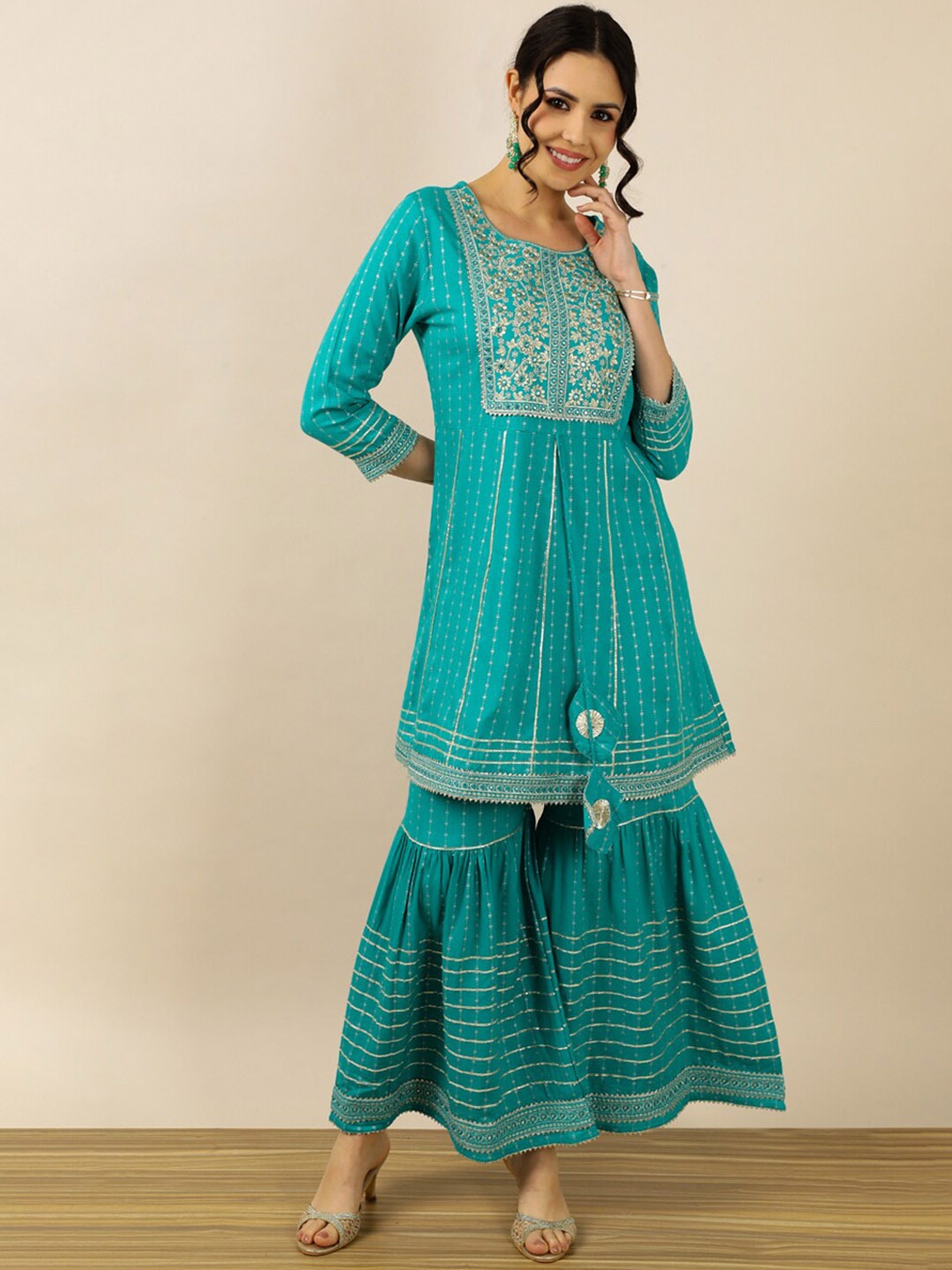 

Myshka Geometric Printed Embroidered Kurti With Sharara & Dupatta, Blue
