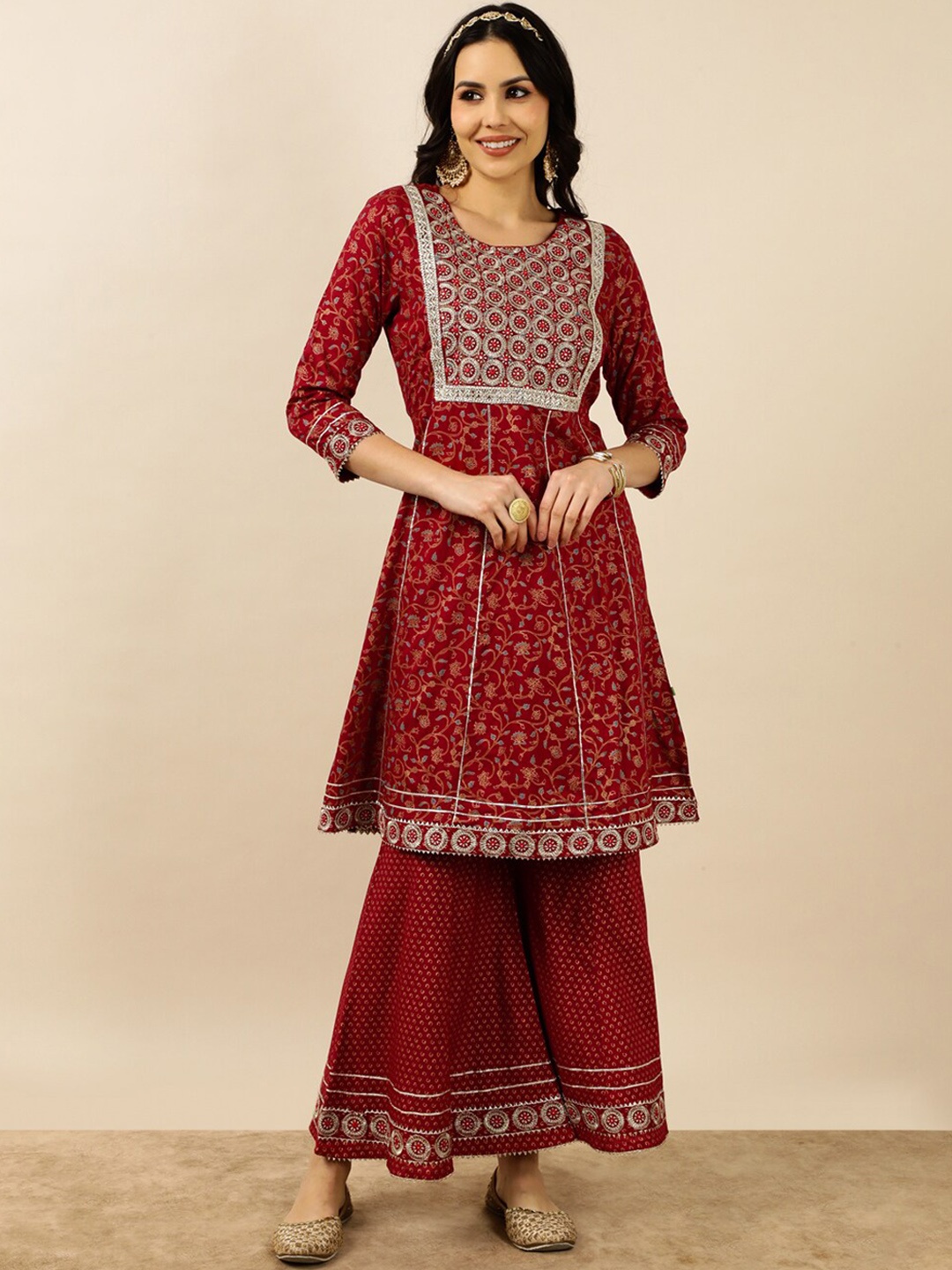 

Myshka Ethnic Motifs Printed Mirror Work Kurta with Sharara & With Dupatta, Maroon