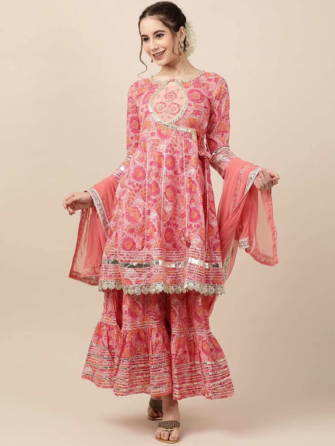 

Myshka Floral Printed Regular Gotta Patti Kurti with Sharara & With Dupatta, Pink