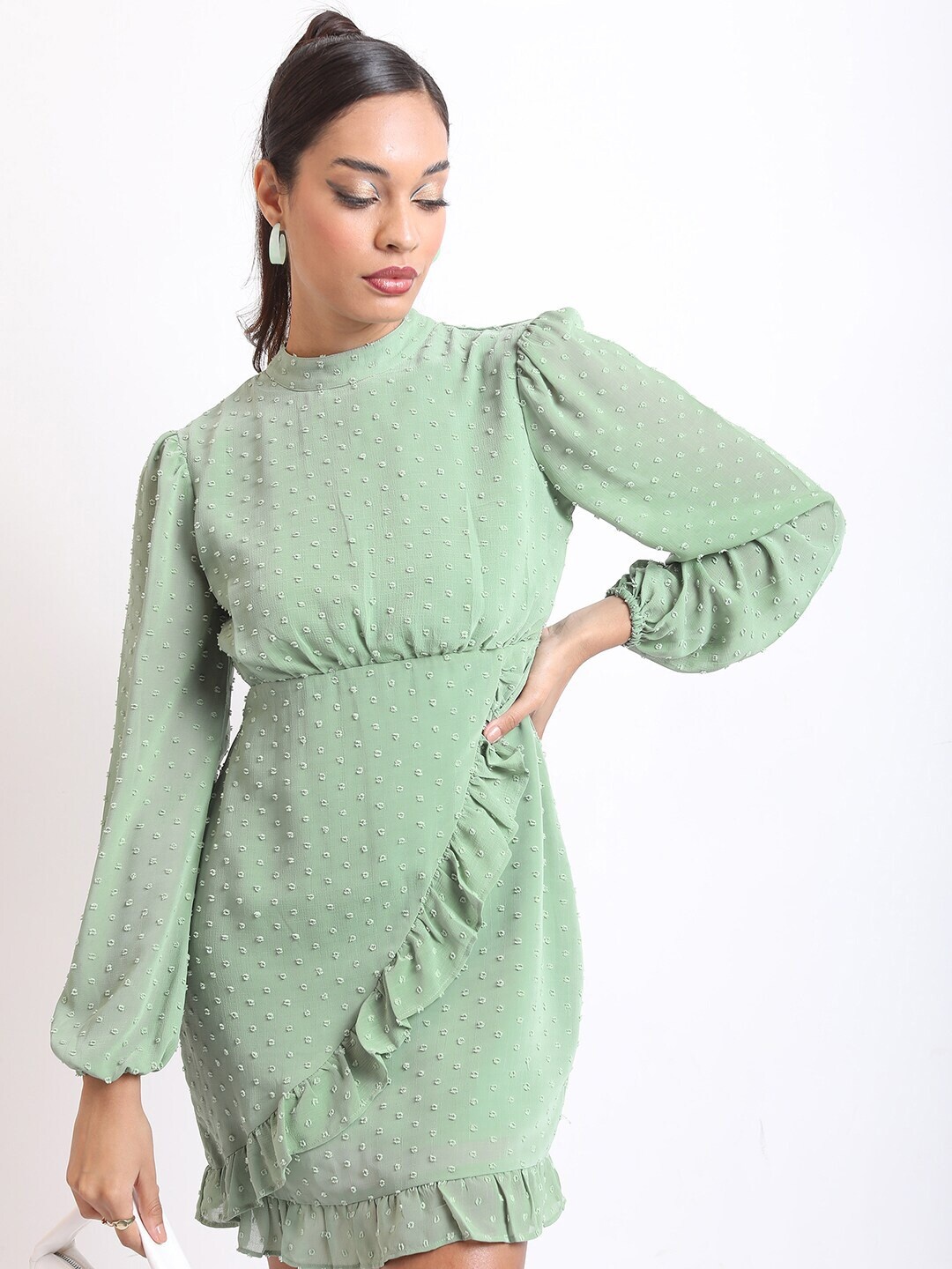 

KETCH Self Design Puff Sleeves Ruffled Sheath Mini Dress, Sea green