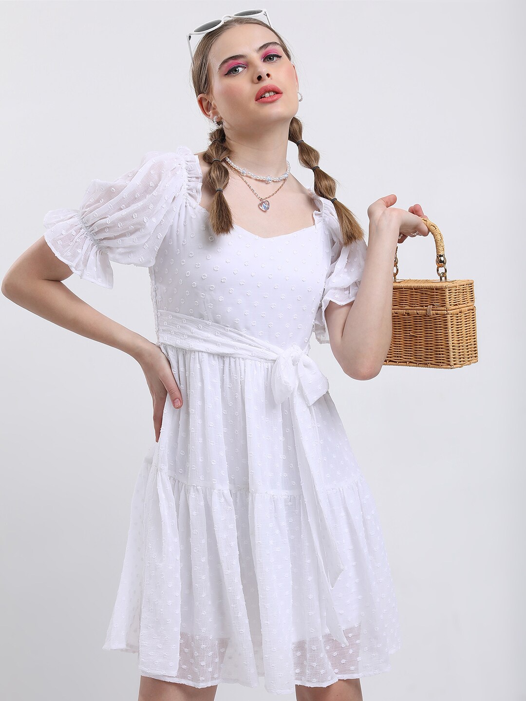 

KETCH Self Design Puff Sleeves Tie-up Tiered Fit & Flare Dress, White
