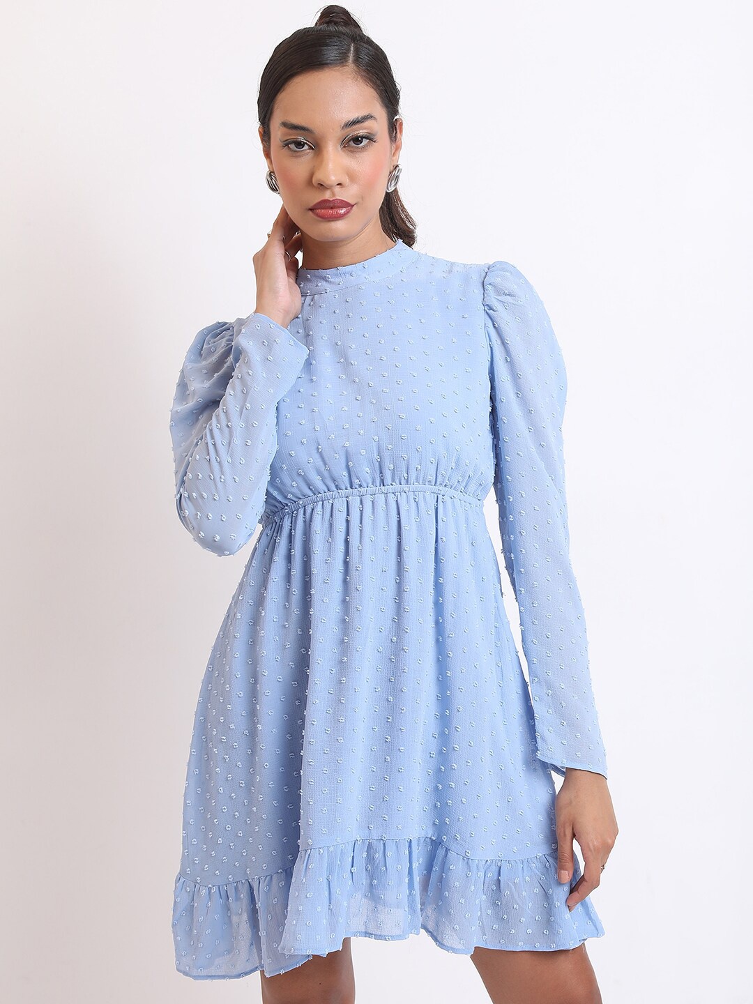 

KETCH Self Design Puff Sleeve Fit & Flare Dress, Blue