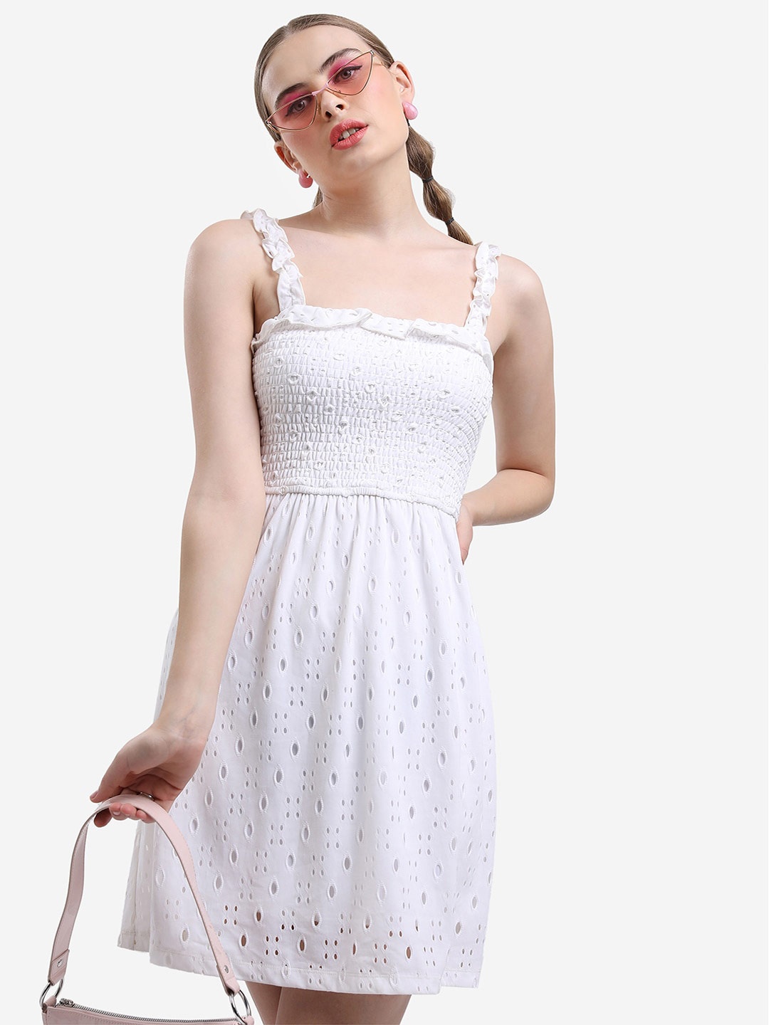 

KETCH Shoulder Straps Smocked Schifflie A-line Dress, White