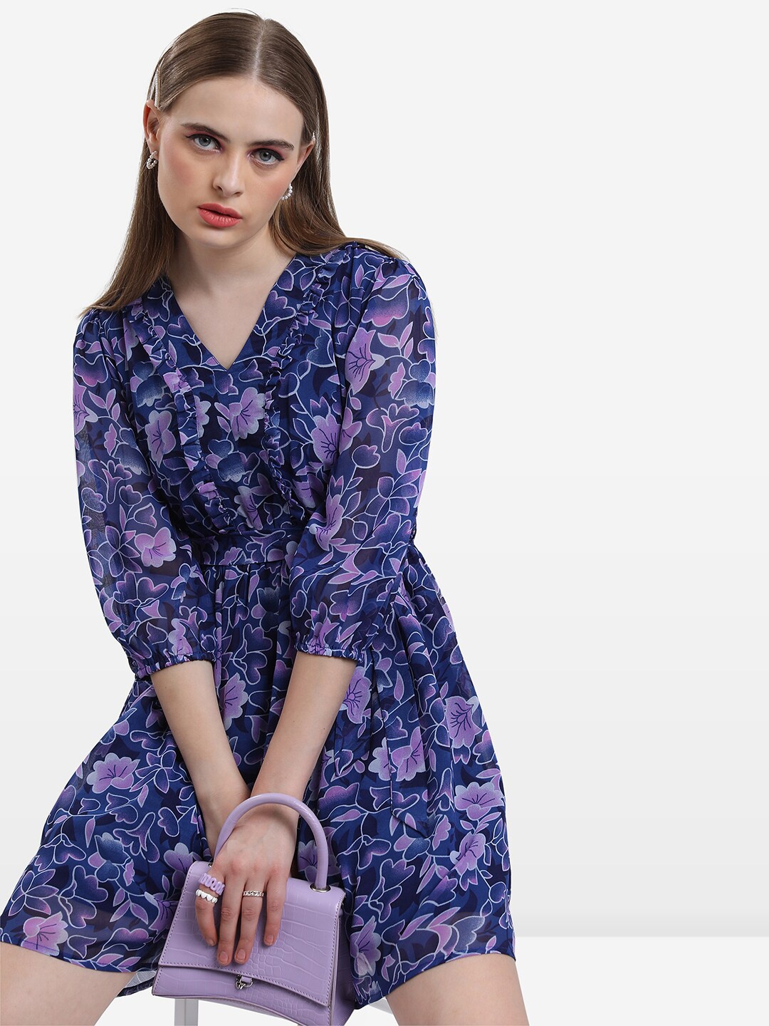 

KETCH Floral Printed Puff Sleeves Ruffles Fit & Flare Dress, Blue