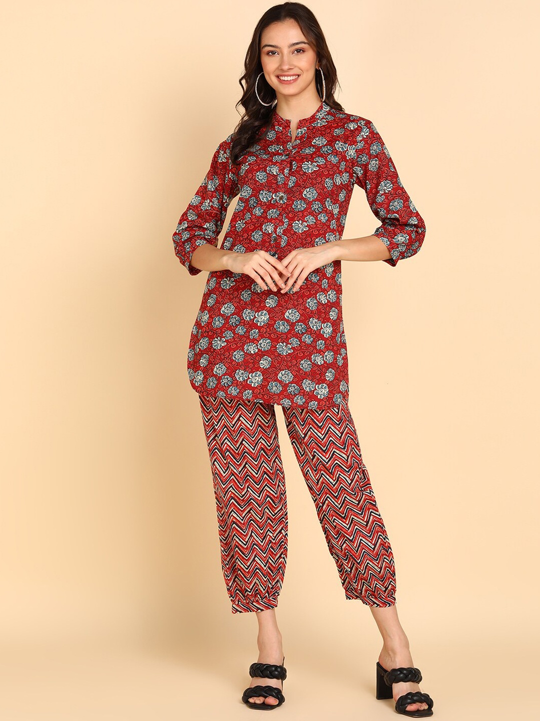 

BLOCKS OF INDIA Pure Cotton Floral Printed Co-Ord Set, Maroon