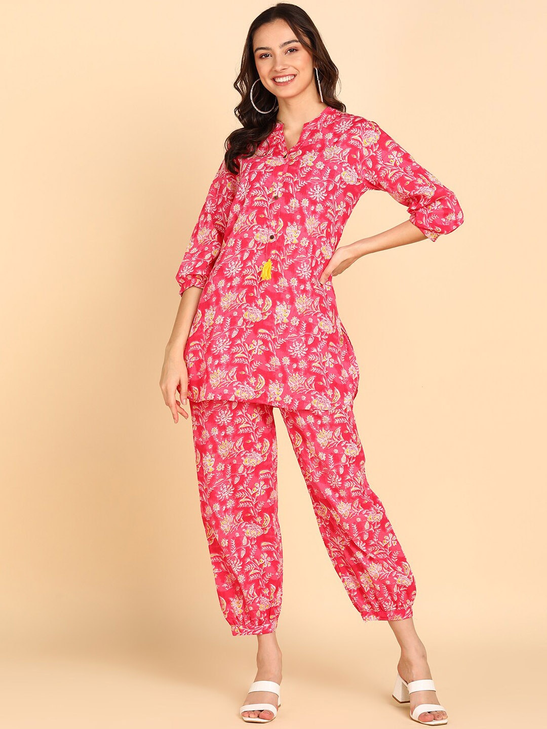 

BLOCKS OF INDIA Floral Printed Pure Cotton Tunic & Trousers, Pink
