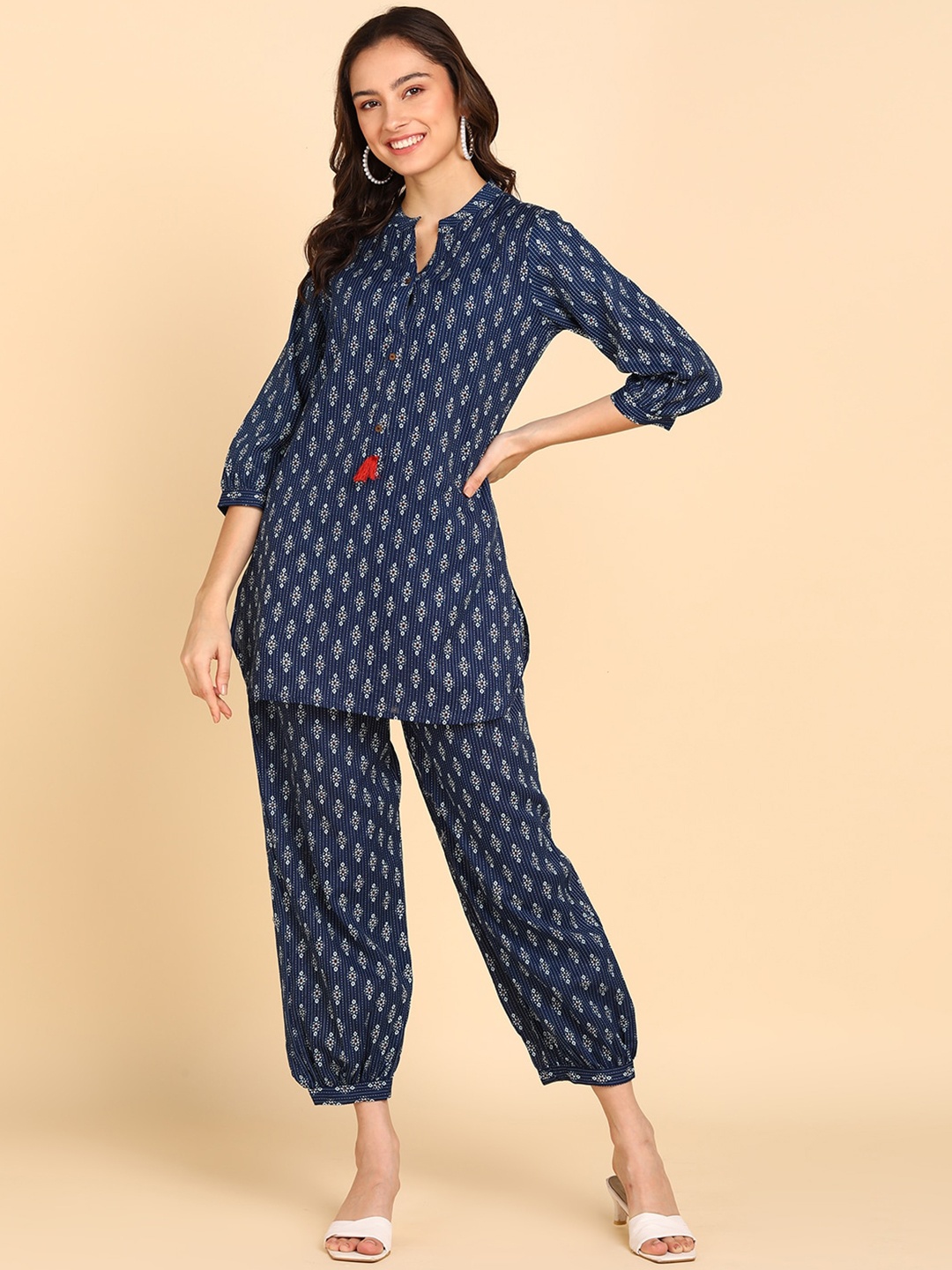 

BLOCKS OF INDIA Ethnic Motifs Printed Pure Cotton Tunic & Trousers, Blue