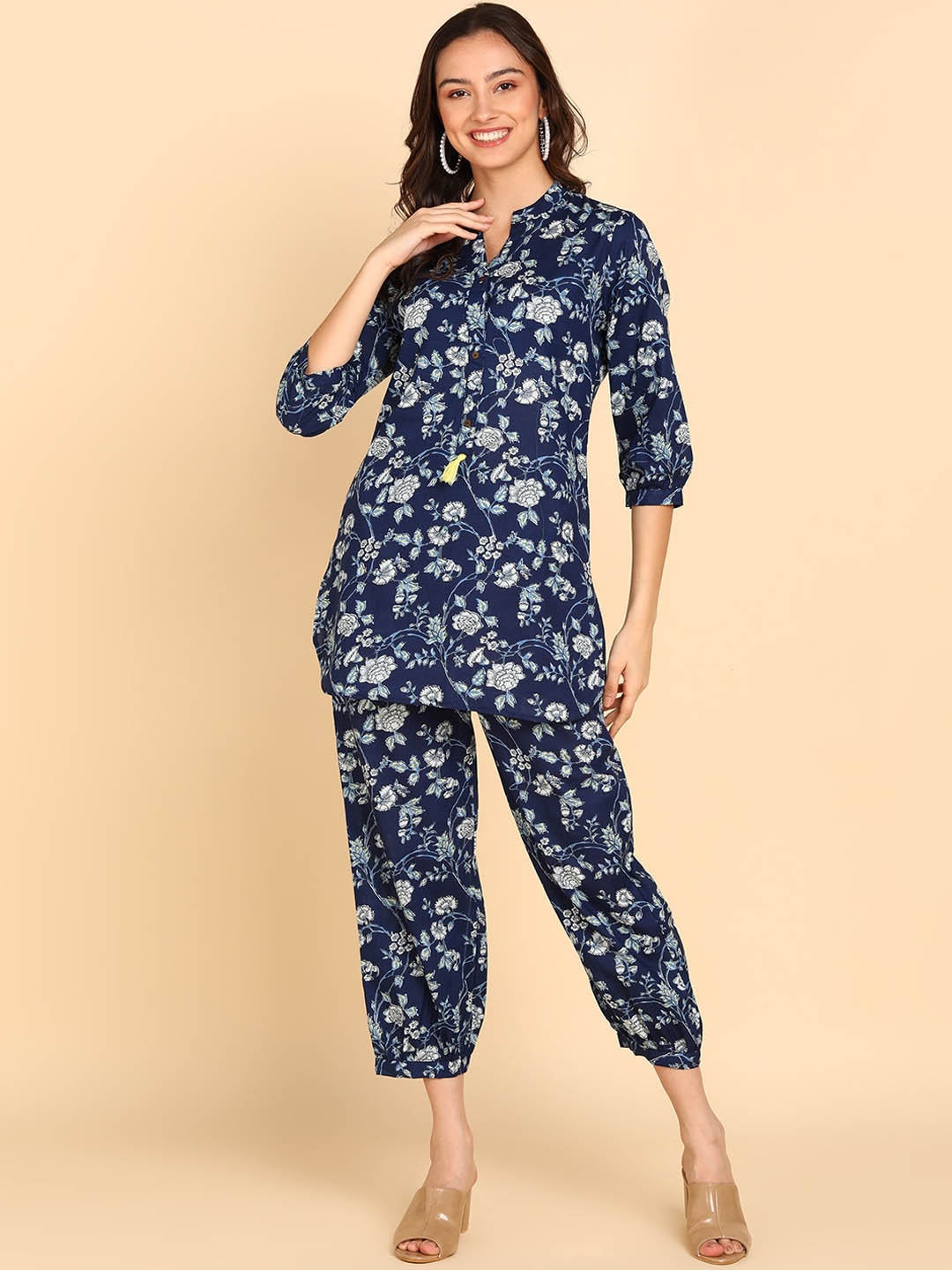 

BLOCKS OF INDIA Floral Printed Pure Cotton Tunic & Trousers, Blue
