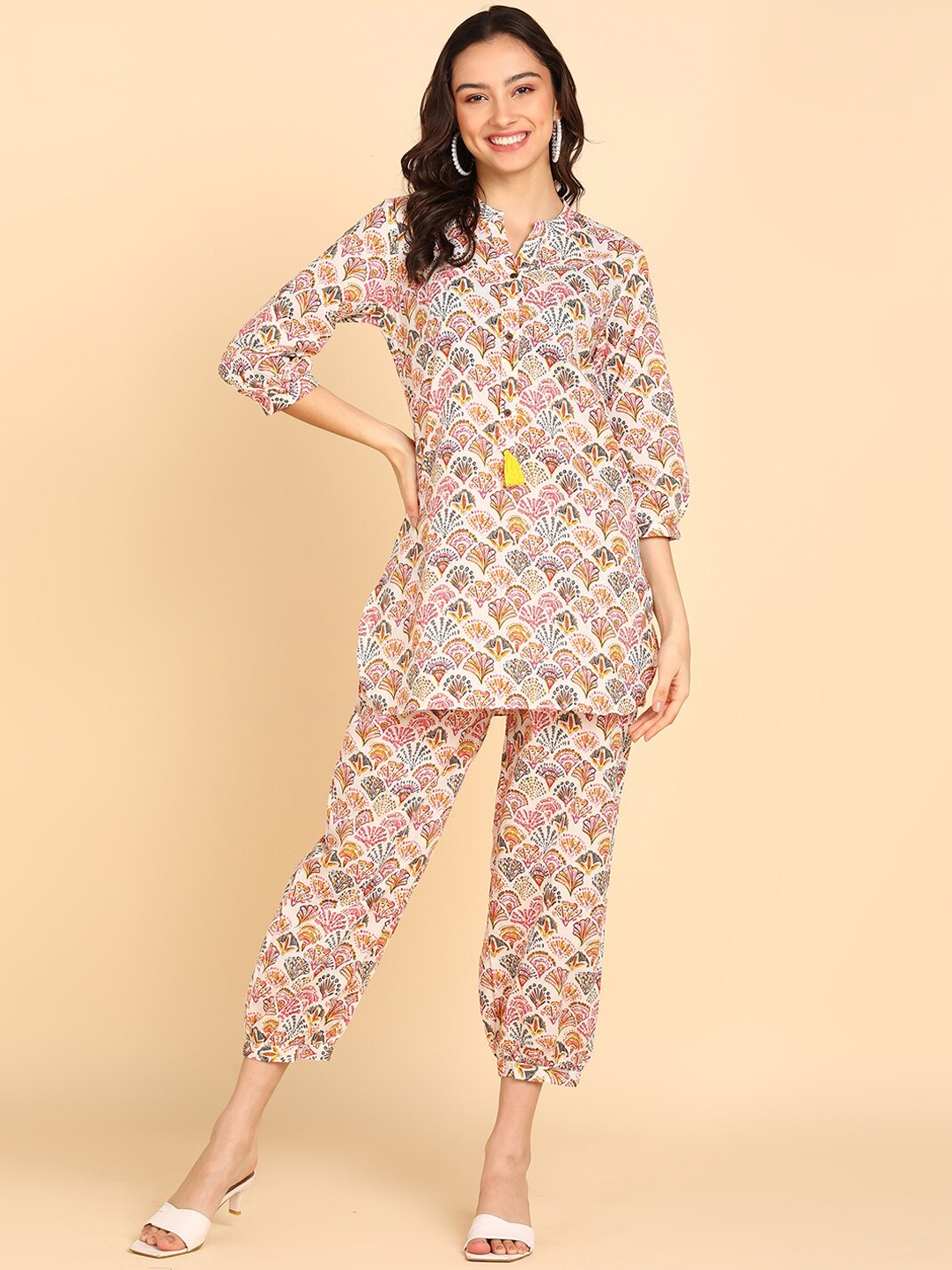 

BLOCKS OF INDIA Ethnic Motifs Printed Pure Cotton Tunic & Trousers, Off white