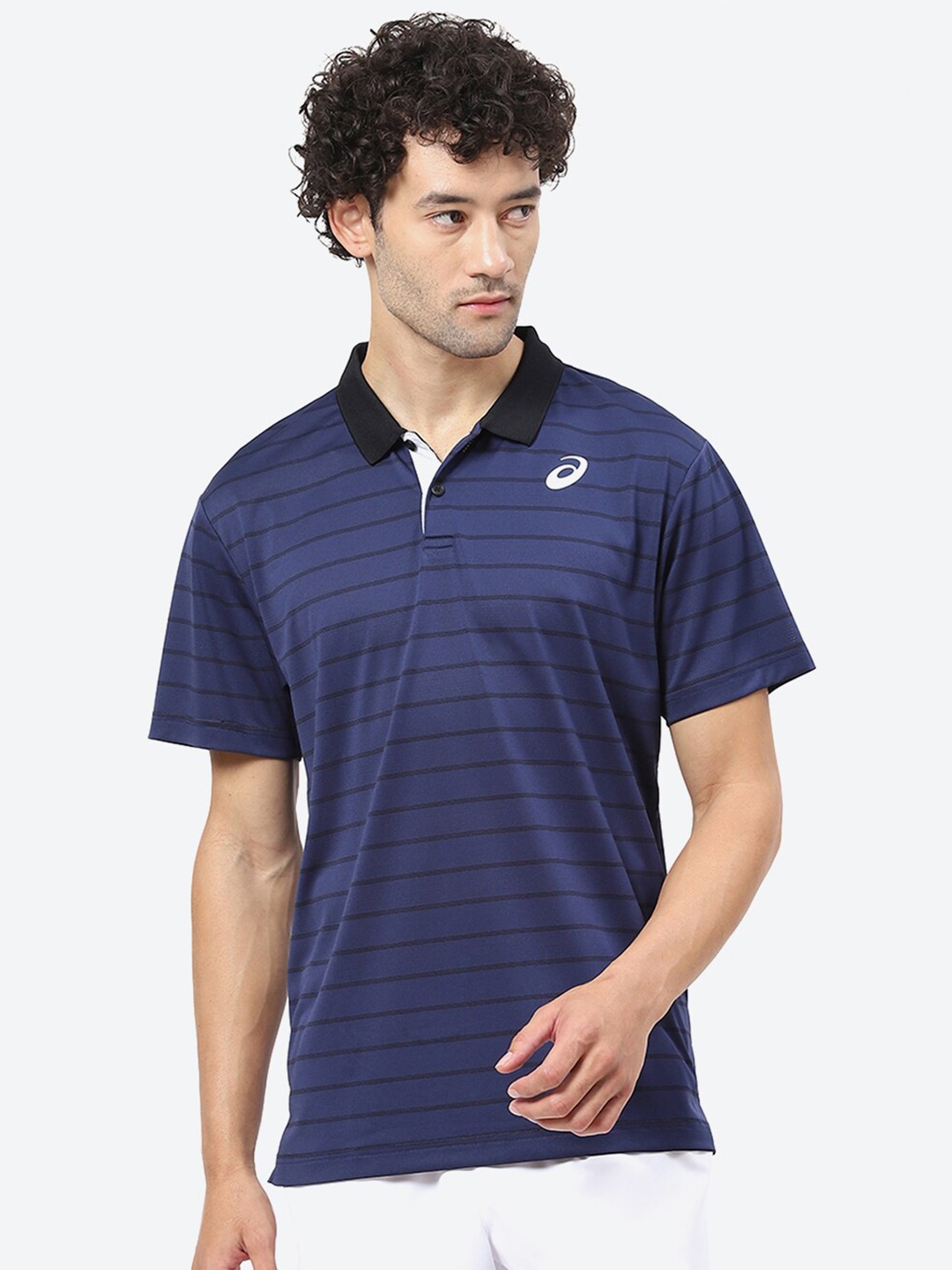 

ASICS Polo Collar Striped T-Shirt, Blue