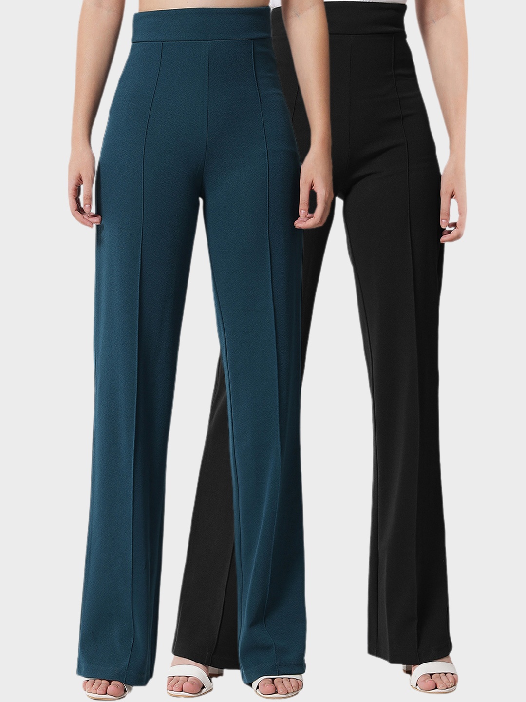 

Kotty Womens Pack Of 2 Relaxed Straight Leg Straight Fit High-Rise Easy Wash Trousers, Teal