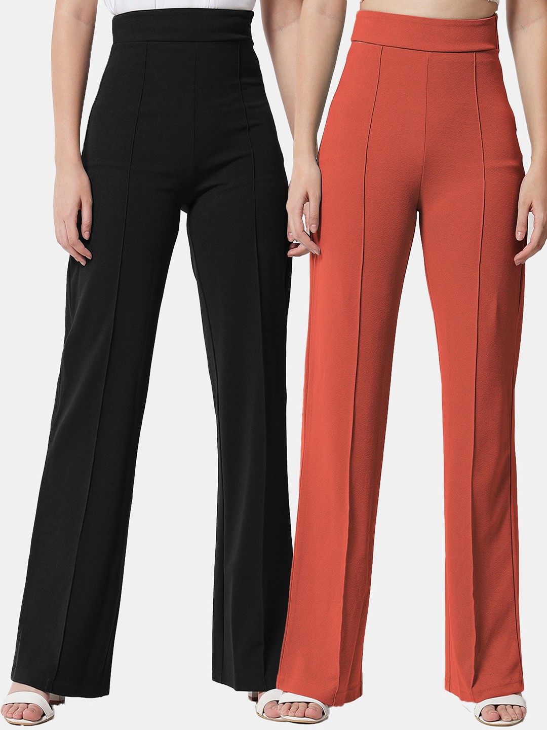 

Kotty Women Pack Of 2 Relaxed Straight Leg High-Rise Easy Wash Trousers, Black