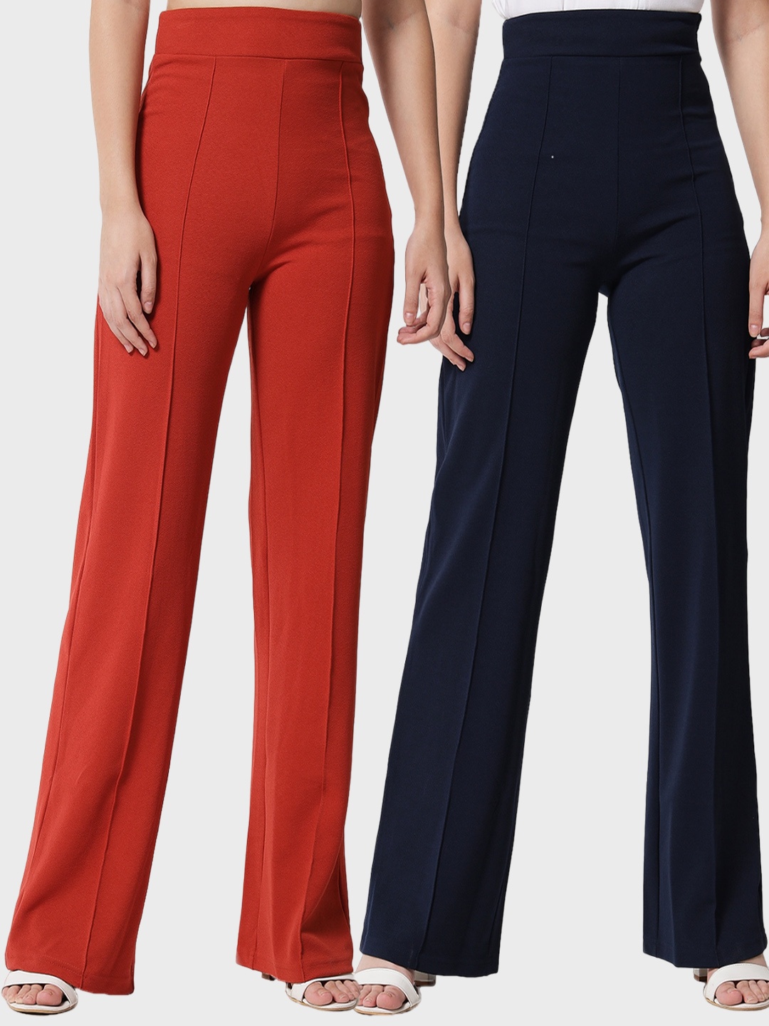 

Kotty Womens Pack Of 2 Relaxed Straight Leg Straight Fit High-Rise Easy Wash Trousers, Red